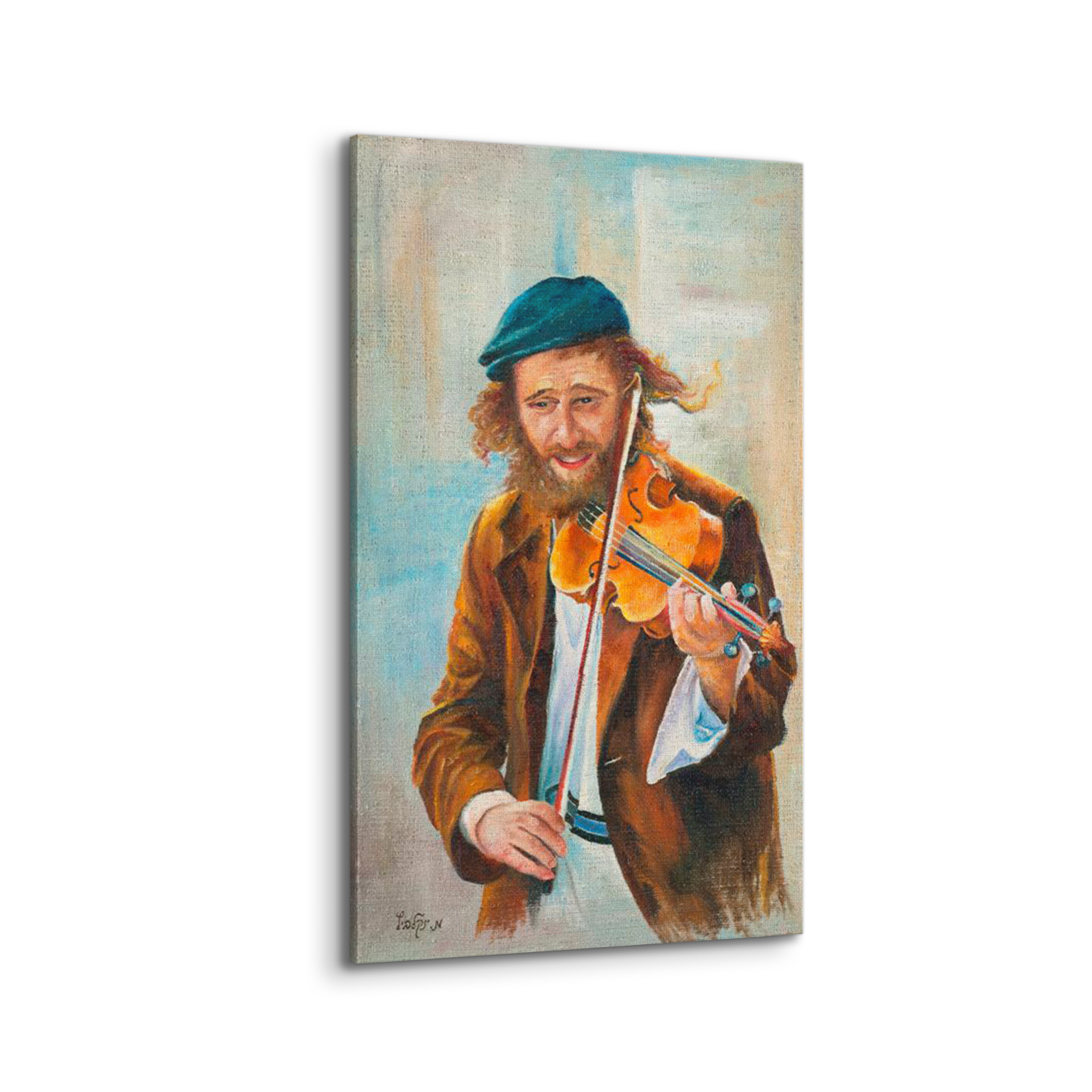 Jewish Violinist Art - 31x18 Musical Expression Canvas, depicting a man passionately playing a violin, highlighting Jewish musical heritage in artistic detail.