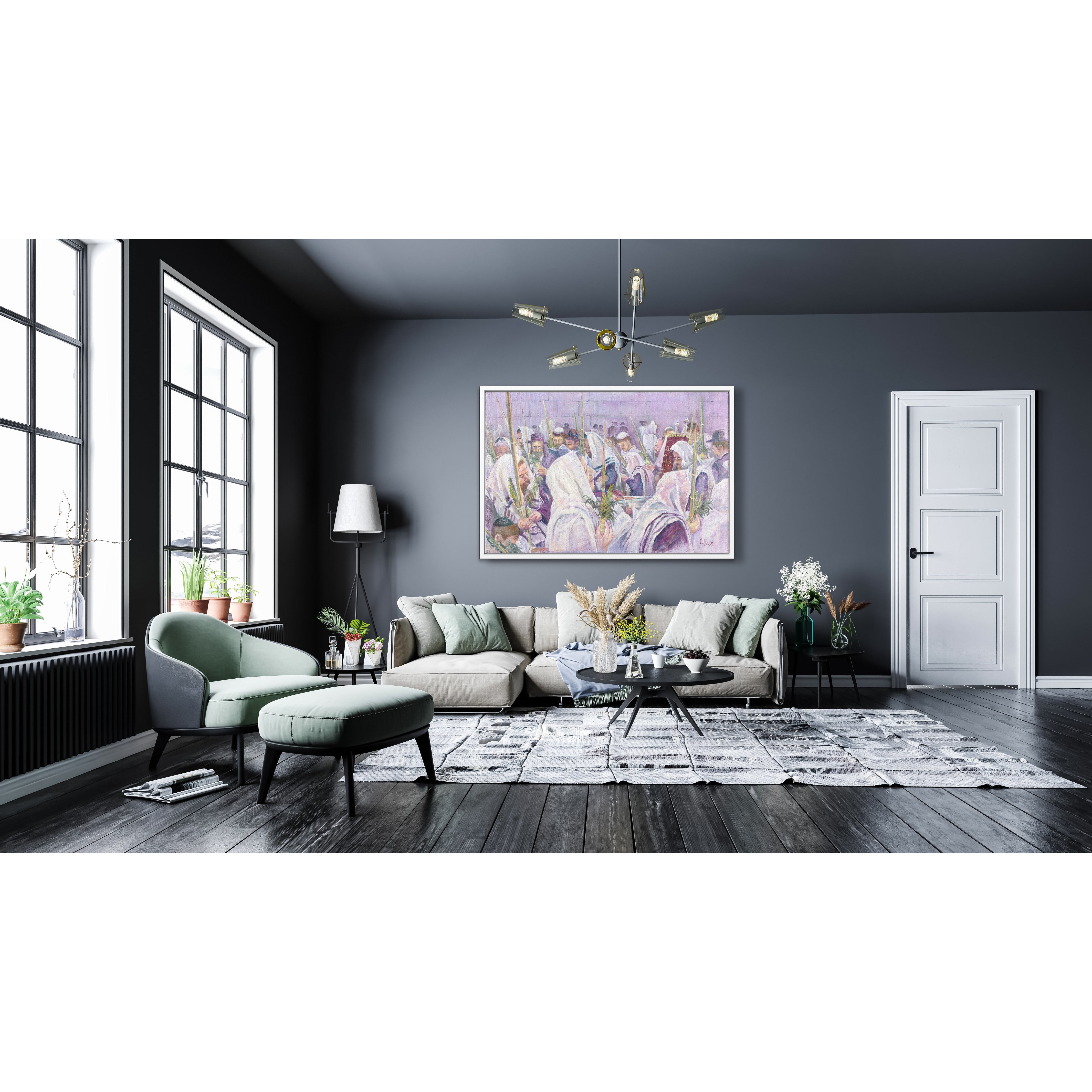 Hoshana Raba at Western Wall Art - 35x24 painting depicting worshipers in white robes, featuring the four species, enriching Jewish home decor.