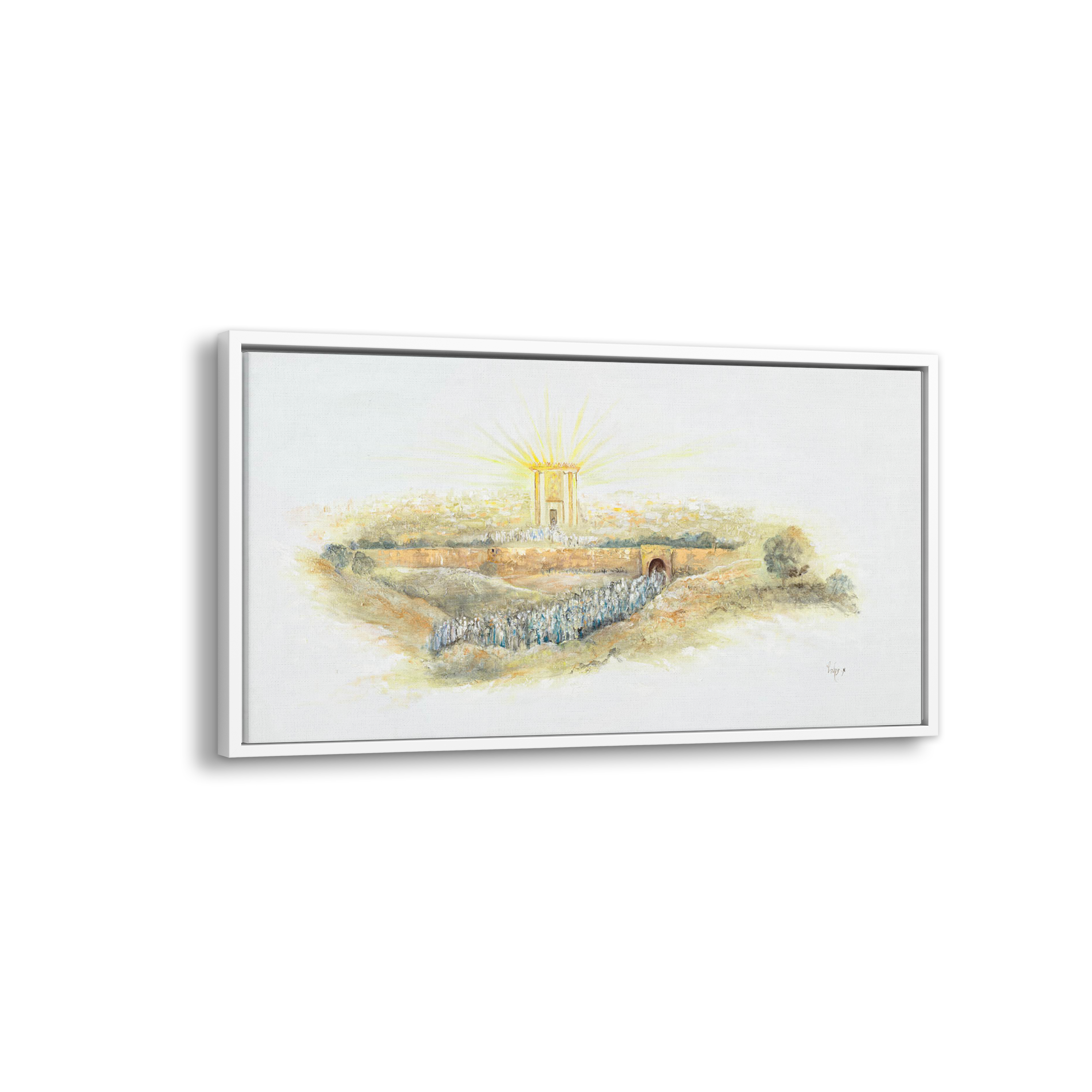 Gold Beit Hamikdash Art - 43x28 painting depicting the temple in luminous gold on a white backdrop, symbolizing Jewish heritage and tradition, ideal for wall decor.