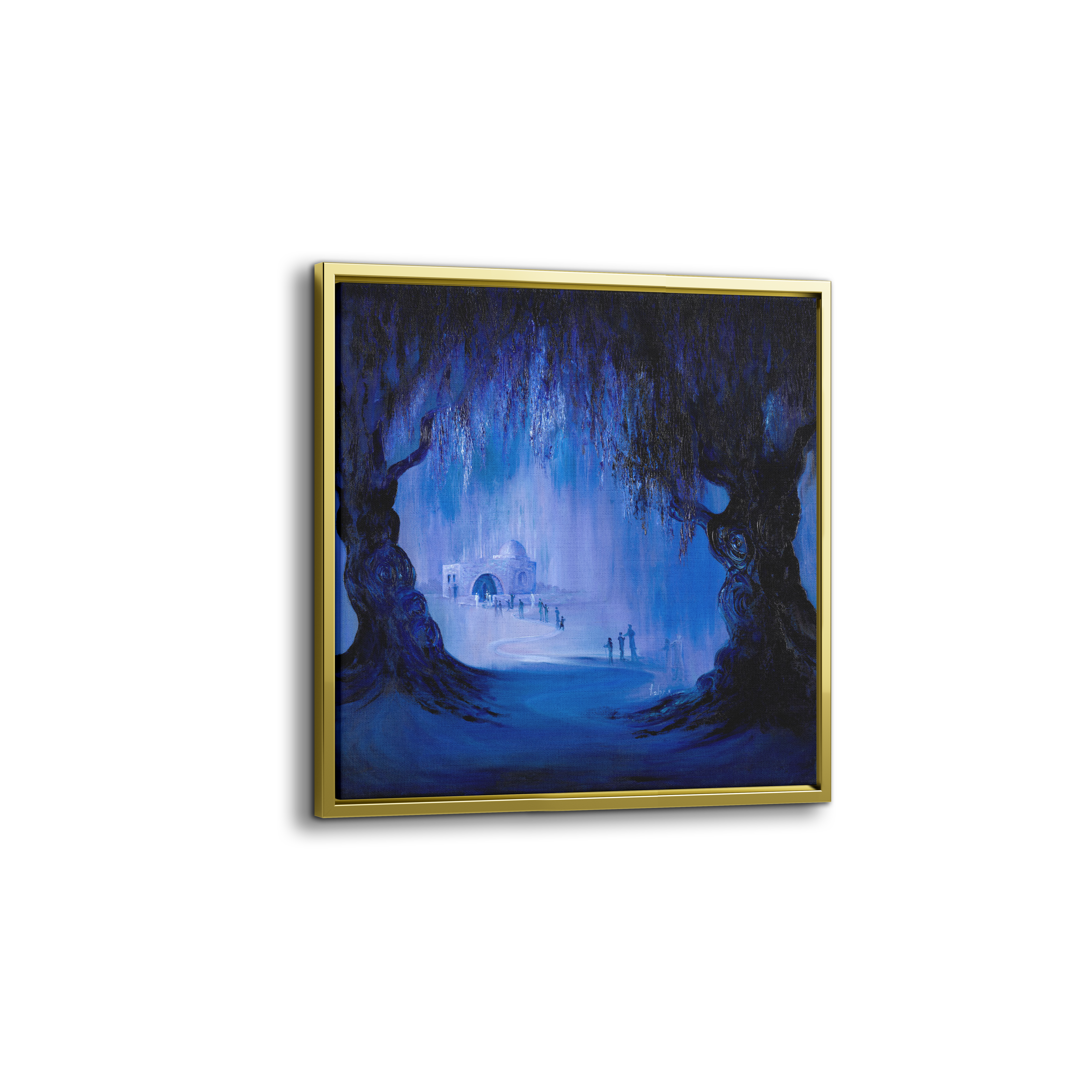 Rachel's Tomb at Night Abstract - 35x35 Dark Glowing Judaica Art: A mystical, abstract painting depicting Rachel's Tomb, blending dark and glowing tones in a modern Judaica style.