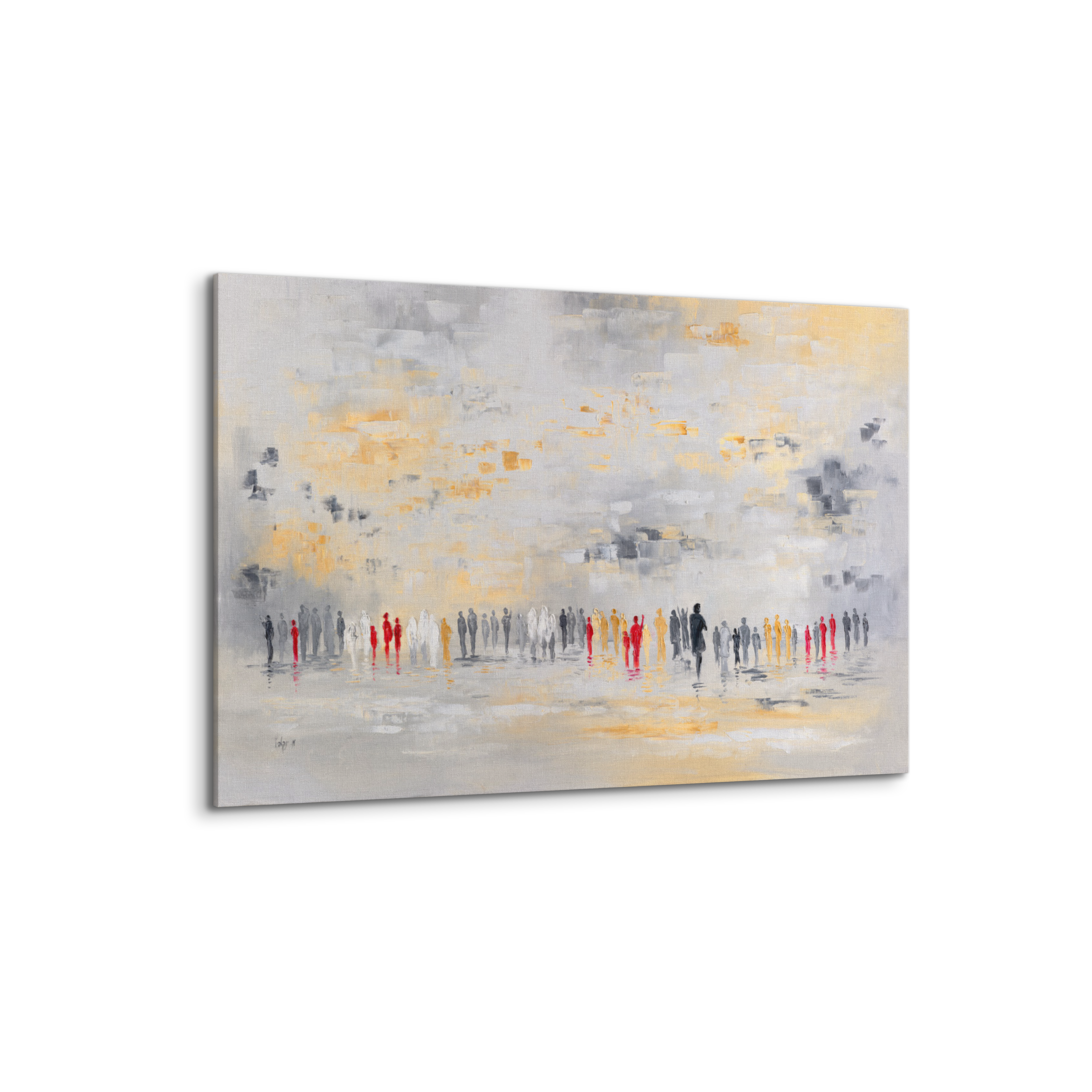 Golden White Western Wall Abstract - 40x24 Judaica Art, depicting an abstract scene inspired by the Western Wall with figures, embodying spiritual depth and contemporary elegance.