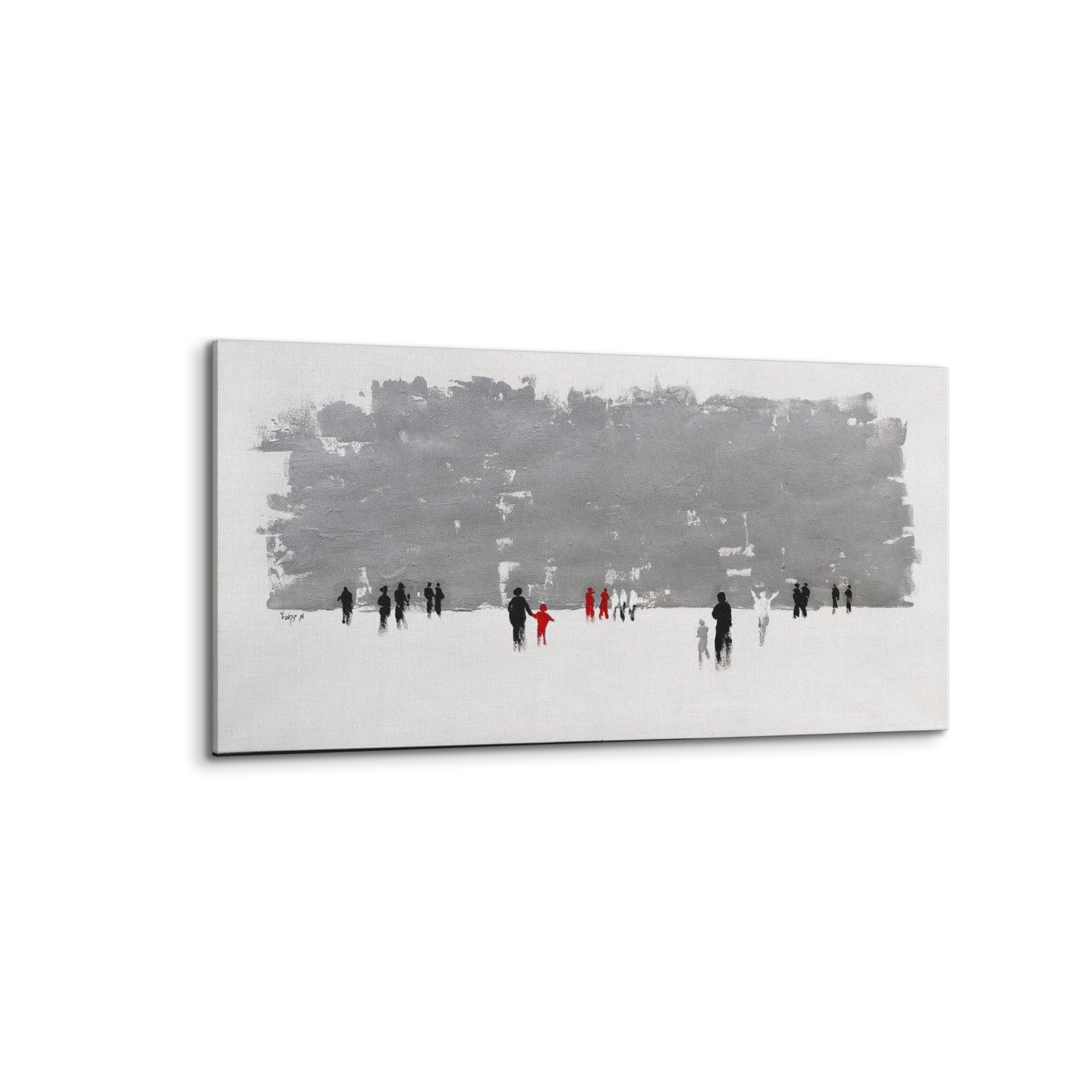Abstract Western Wall in Grays - 51x31 Judaica Art Canvas displayed outdoors against a backdrop of snow, highlighting its modern Jewish art essence.