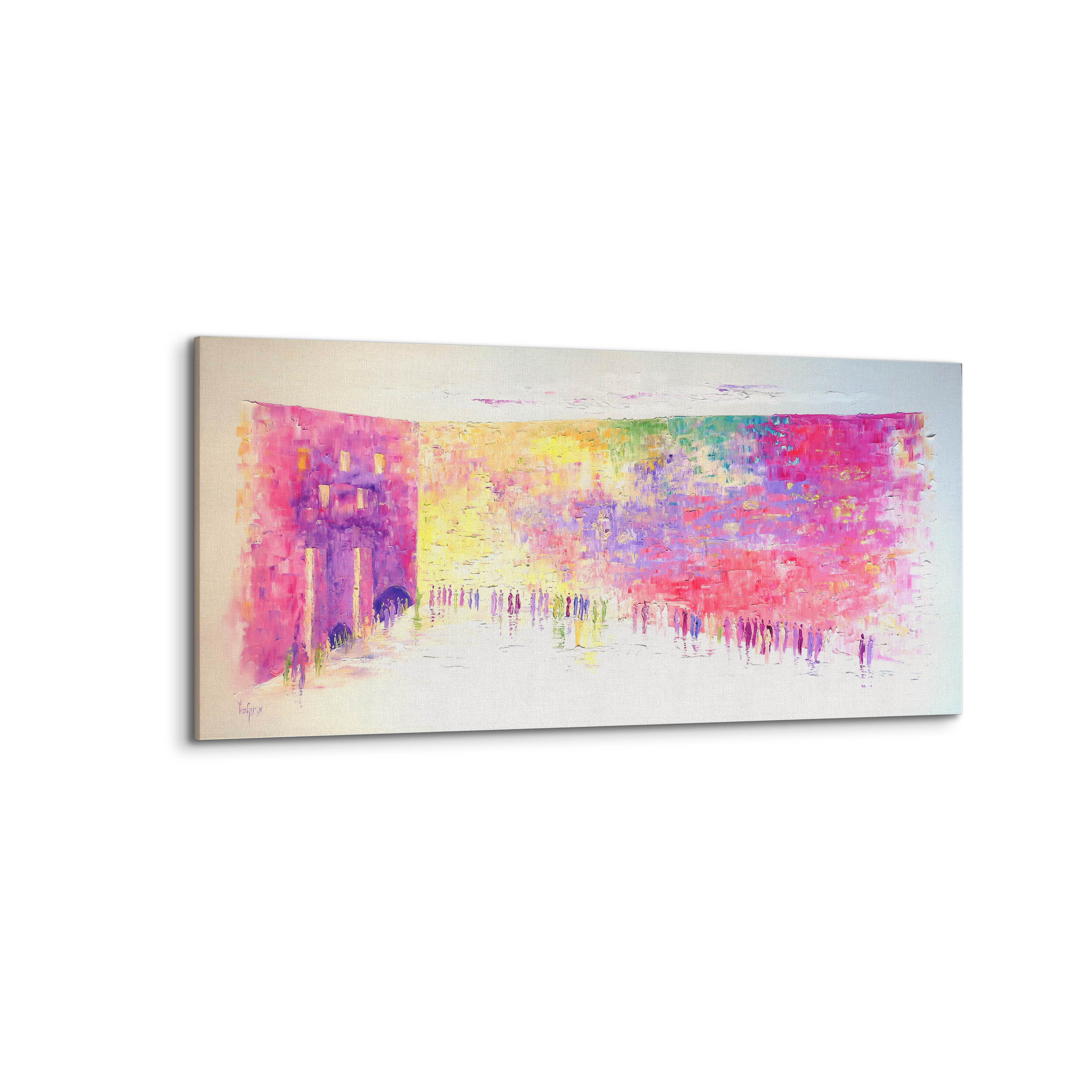 50x24 Western Wall Abstract painting, showcasing a crowd in pink and white tones, capturing a modern interpretation of Judaica art from Ben Ari Art Gallery.
