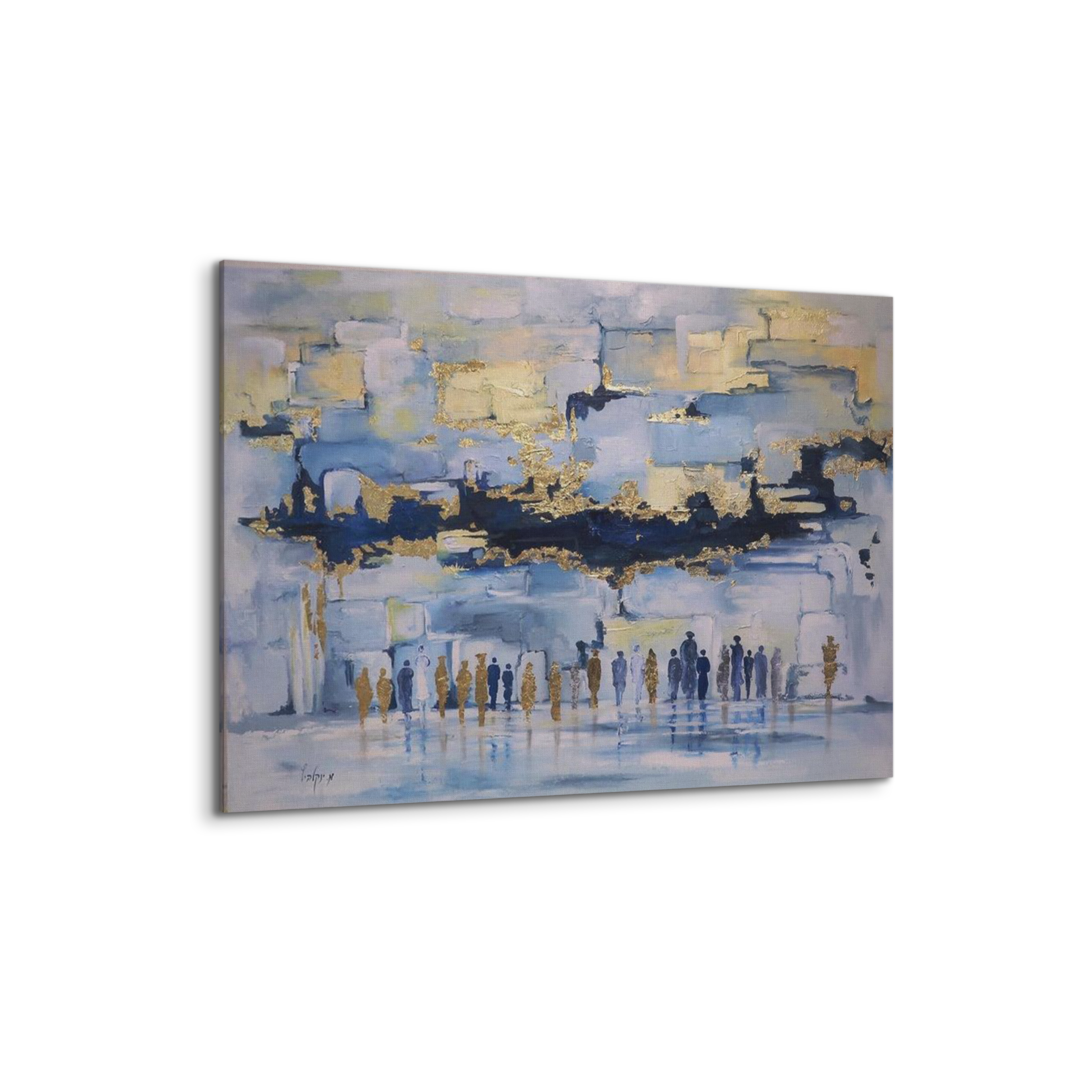 Blue & Gold Western Wall Abstract painting showcasing modern Judaica art, featuring vibrant imagery on a 41x31 canvas, ideal for enhancing Jewish home decor.