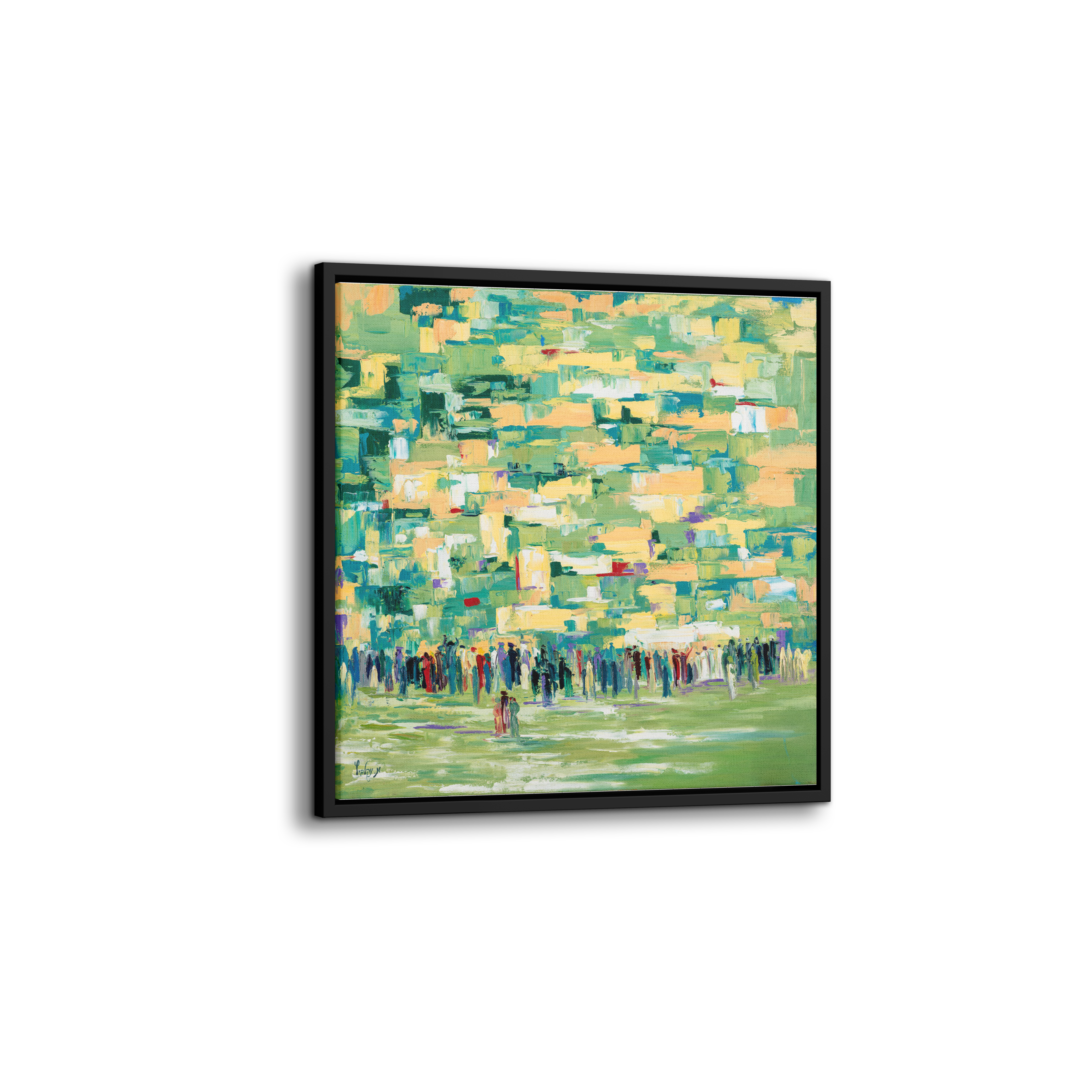 Green Tones Western Wall Abstract - 35x35 canvas depicting an abstract interpretation of the Western Wall, emphasizing tranquility and renewal in modern Judaica art.