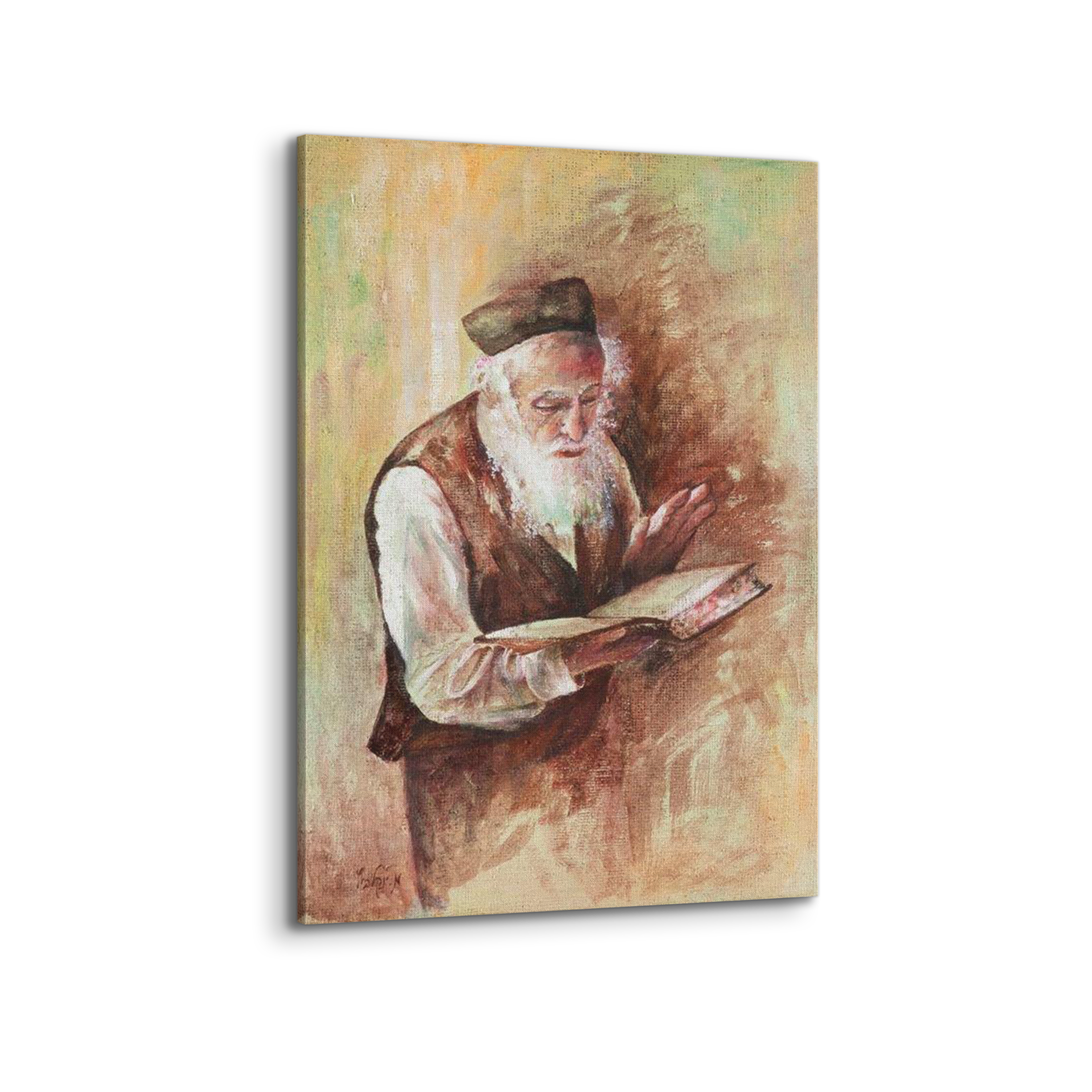 Torah Study Painting - 24x16 depicting a man engrossed in Torah study, capturing Jewish spirituality, ideal for enhancing Jewish home decor.