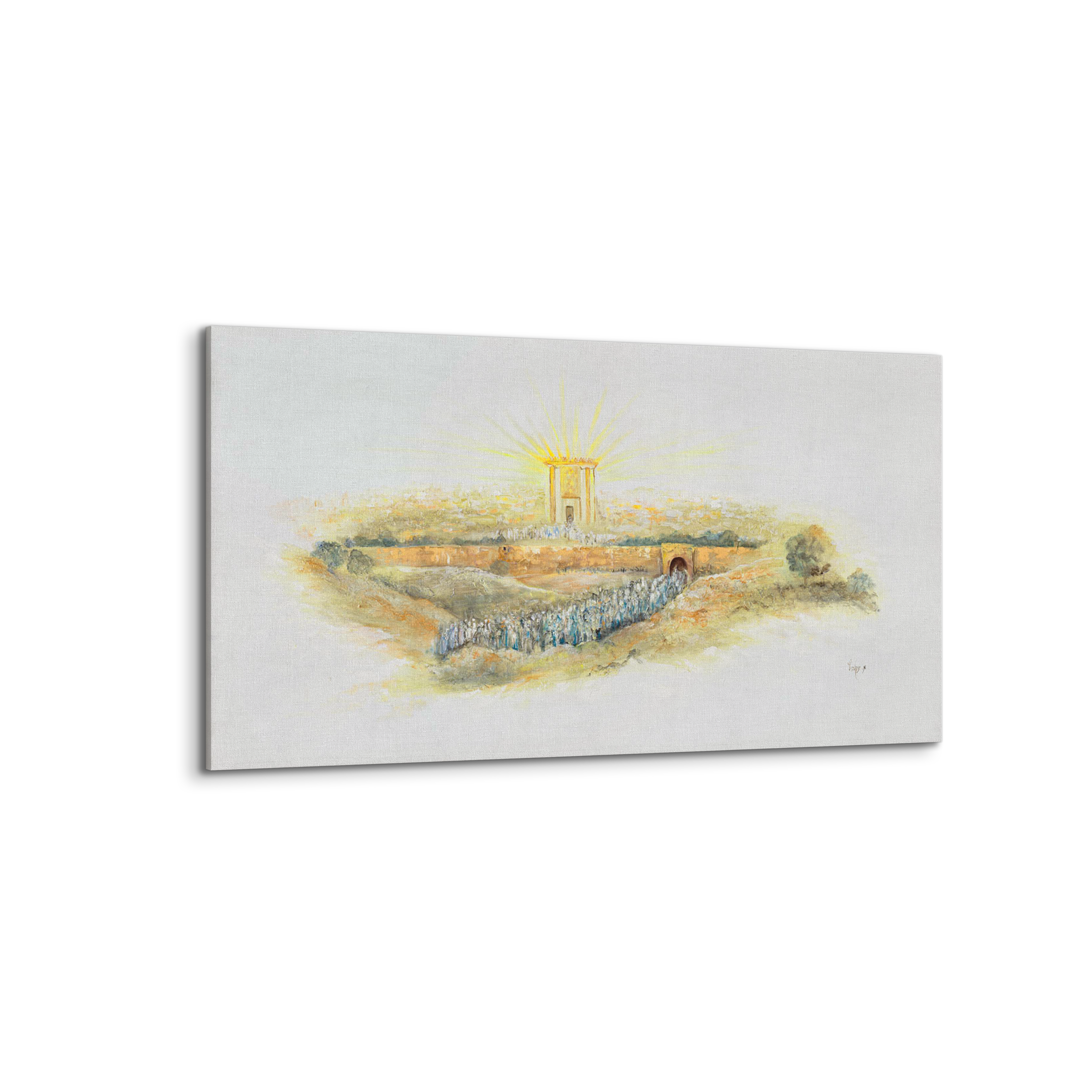Gold Beit Hamikdash Art - 43x28 painting, depicting a luminous golden temple on a white background, embodying Jewish heritage and perfect for wall decor.