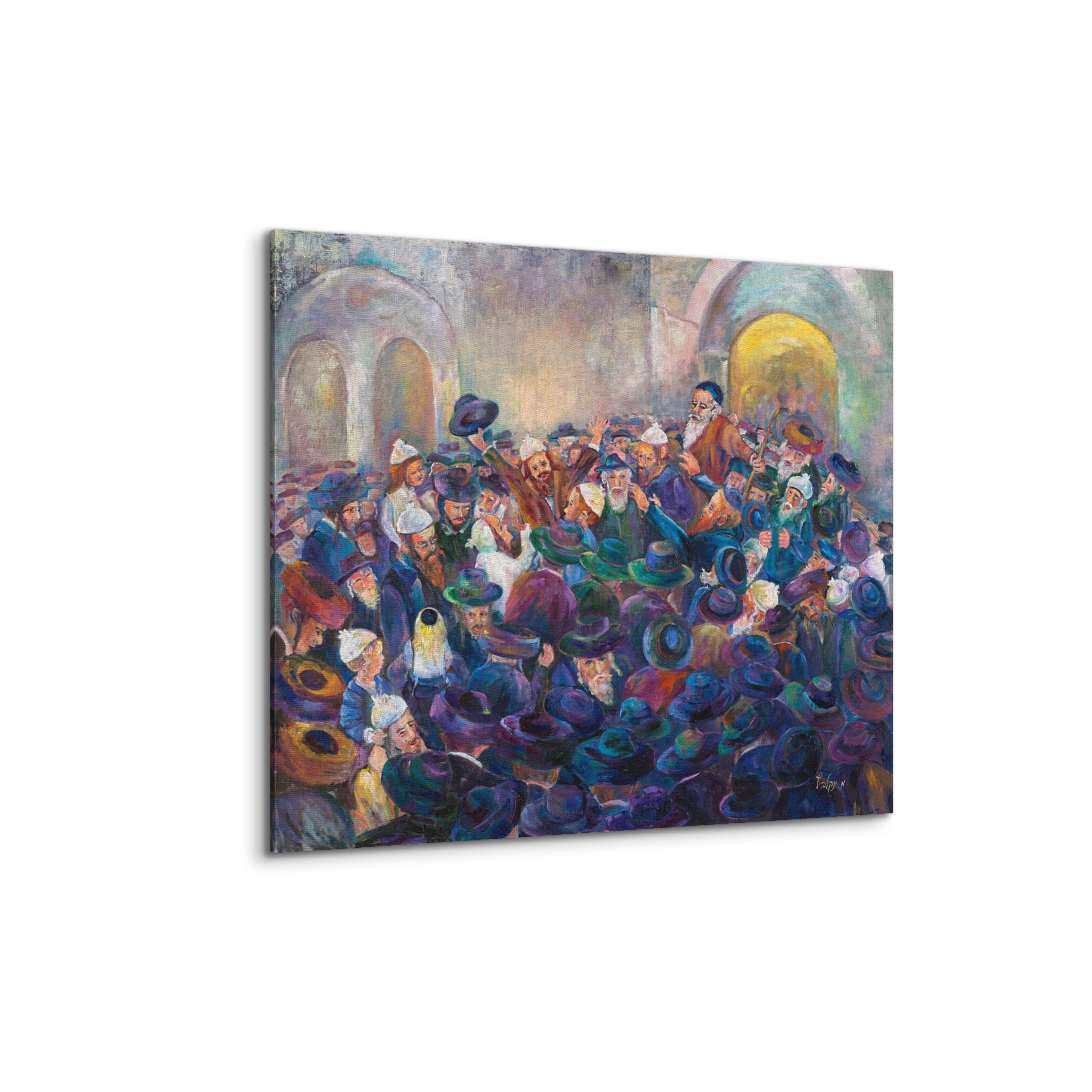 Rabbi Shimon's Lag BaOmer - 35x35 Vibrant Jewish Art depicting a lively crowd celebrating on Mount Meron, highlighting Jewish festivities and cultural heritage.