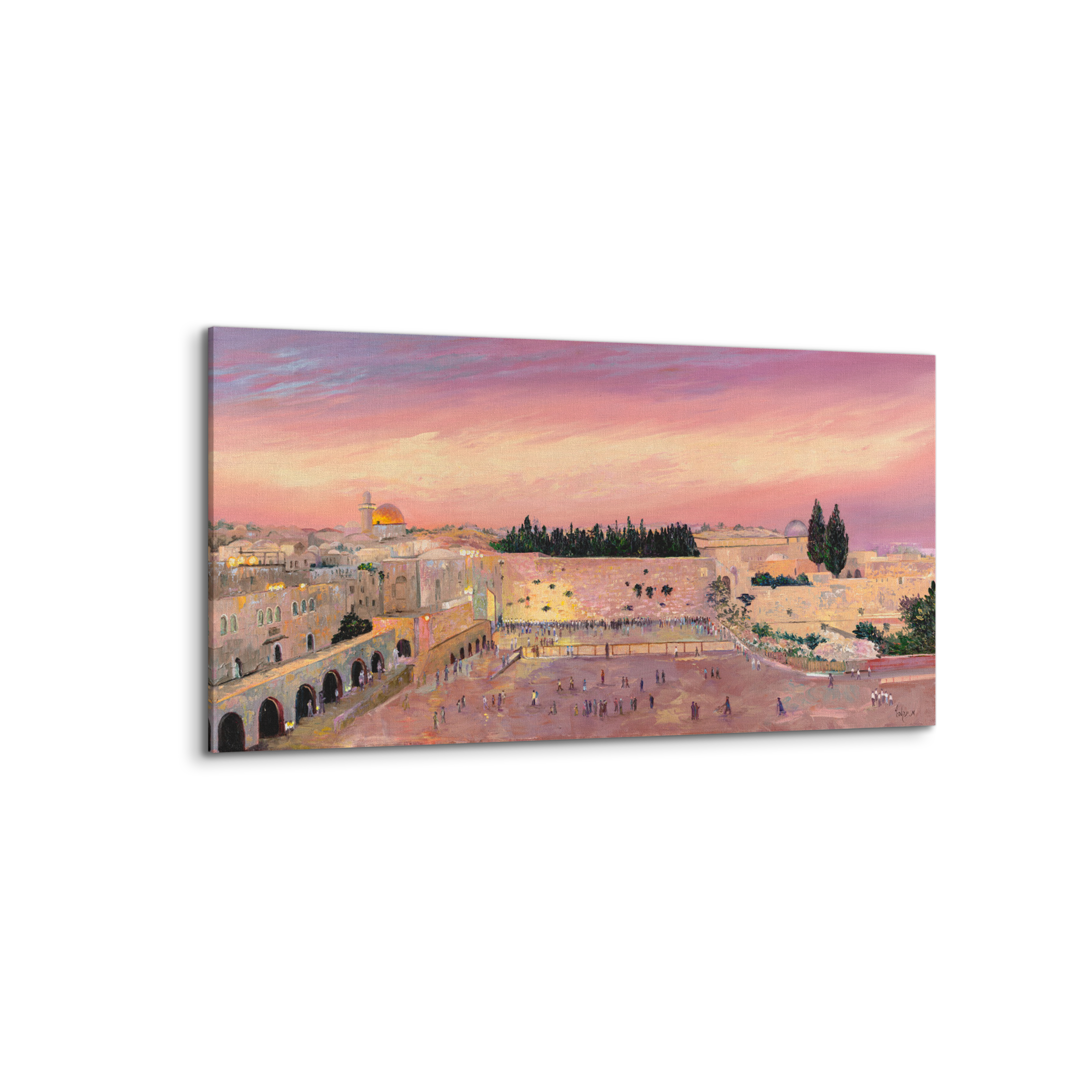 Western Wall Sunset by M. Yankelevitch - Pink, 55x28 Modern Jewish Art depicting a cityscape at sunset, highlighting Jerusalem's spiritual essence.