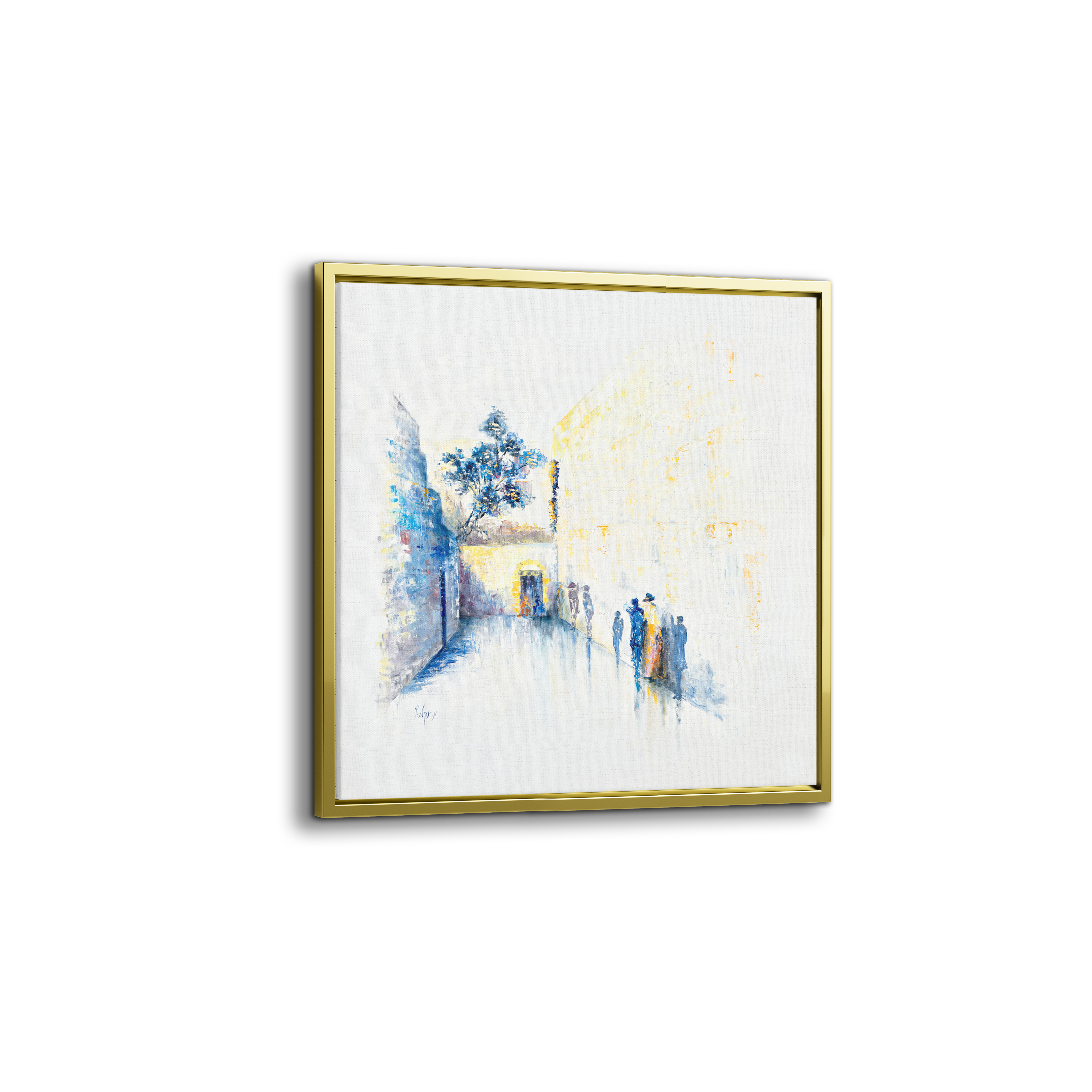 Blue & White Abstract Western Wall - 35x35 Judaica Art in a gold frame, depicting an abstract street scene, ideal for modern Jewish decor.