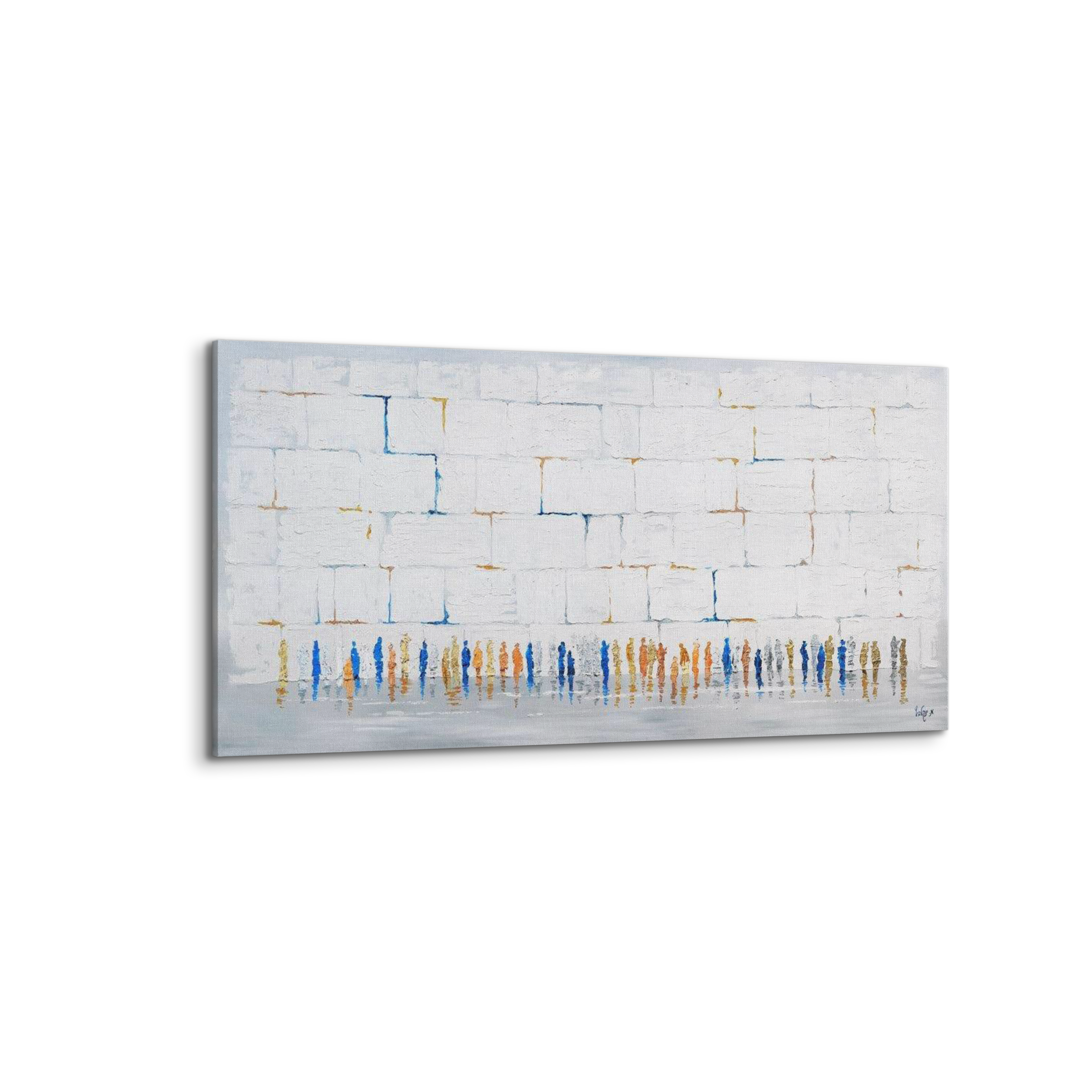 Western Wall Abstract in White & Colors - 51x24 Judaica Art Canvas: A contemporary painting featuring vibrant lines on a serene white background, capturing modern Jewish artistry.