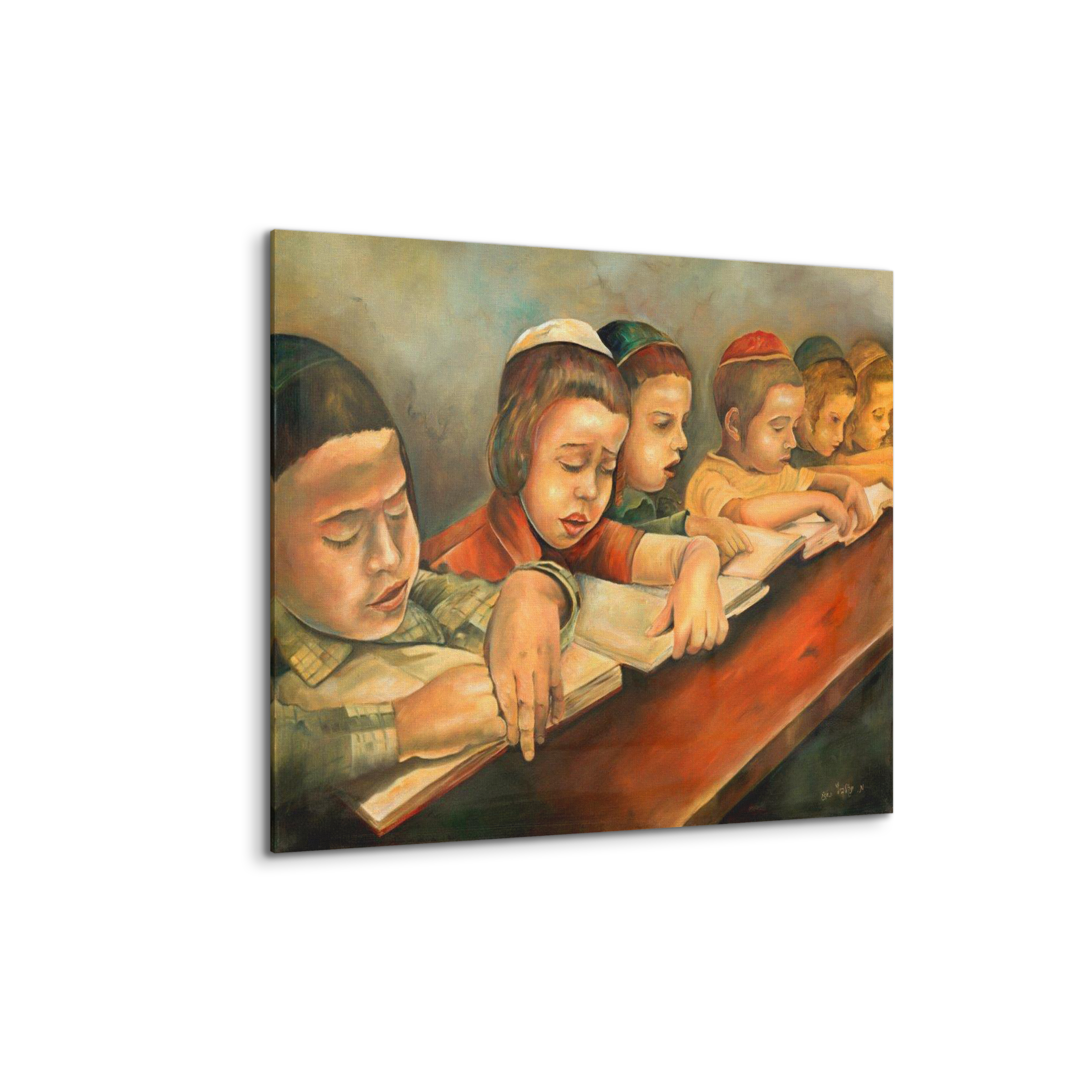 Jewish Children Learning Torah Painting - 28x28, depicting children engrossed in Torah study, symbolizing Jewish education's cultural significance. Ideal for Judaica art collections.