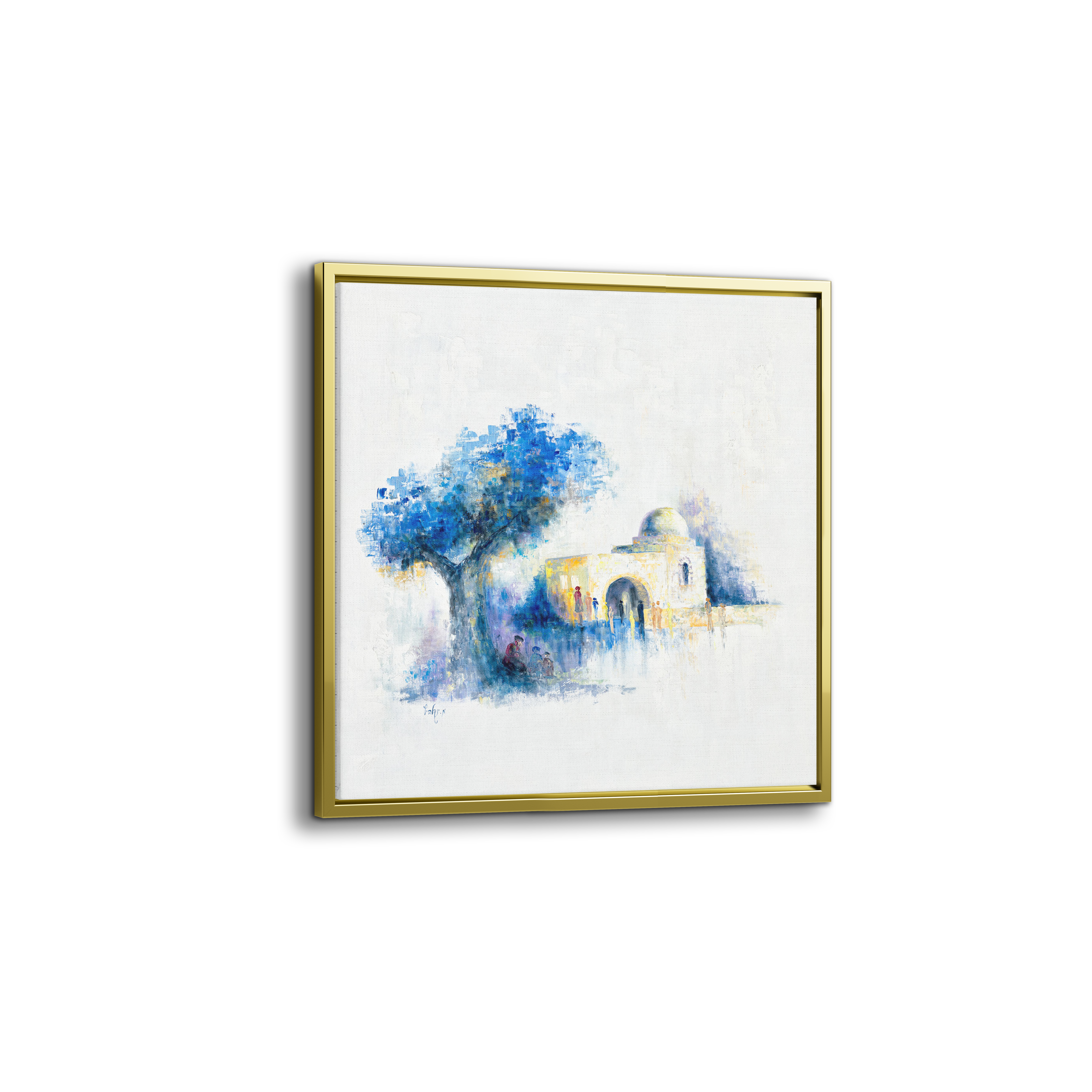 Abstract Rachel's Tomb Art - 35x35: Painting of a building and tree, capturing Judaica essence in blue and white tones, perfect for modern Jewish decor.