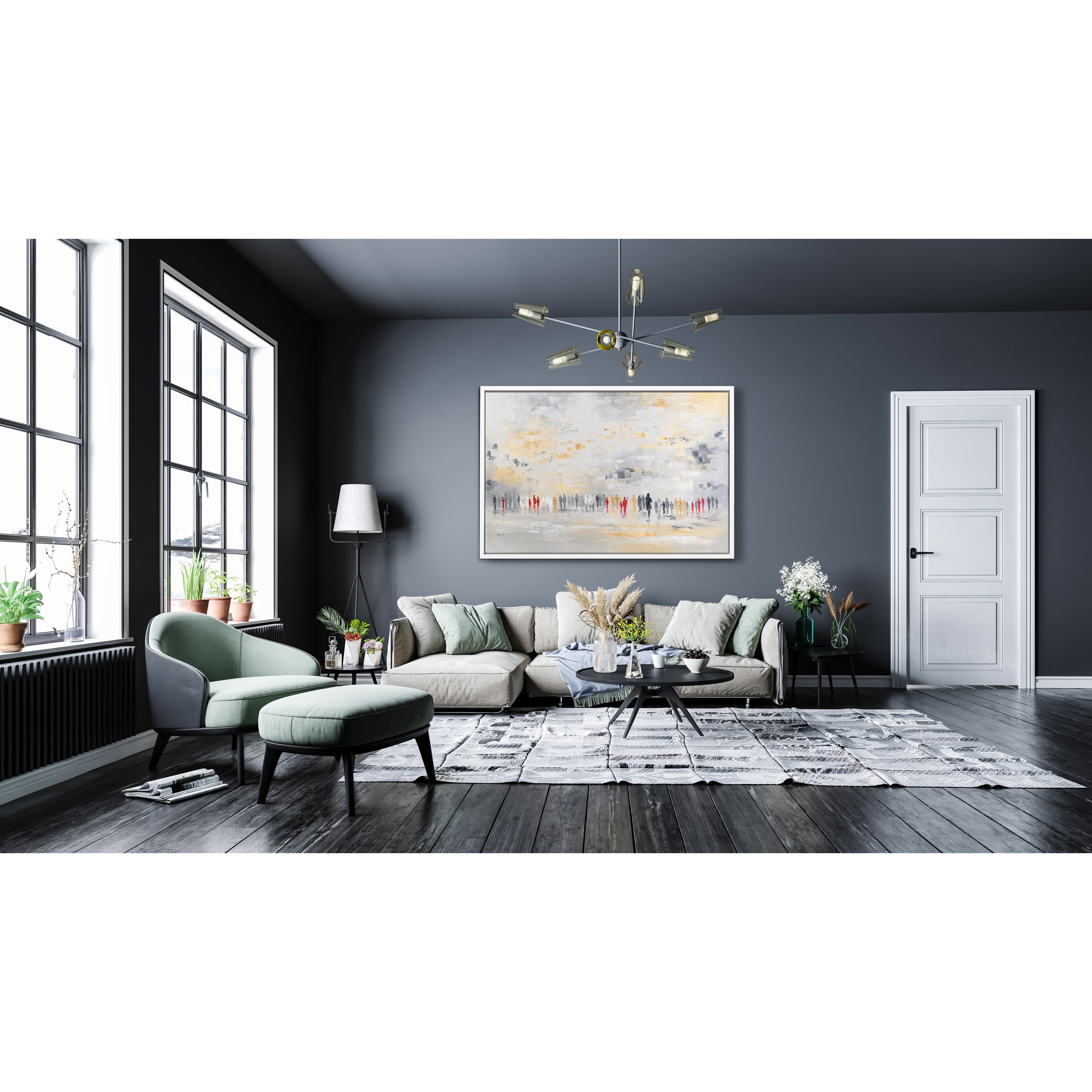 Golden White Western Wall Abstract - 40x24 Judaica Art: Abstract painting depicting the Western Wall in gold and white, elegantly displayed in a modern living room setting.