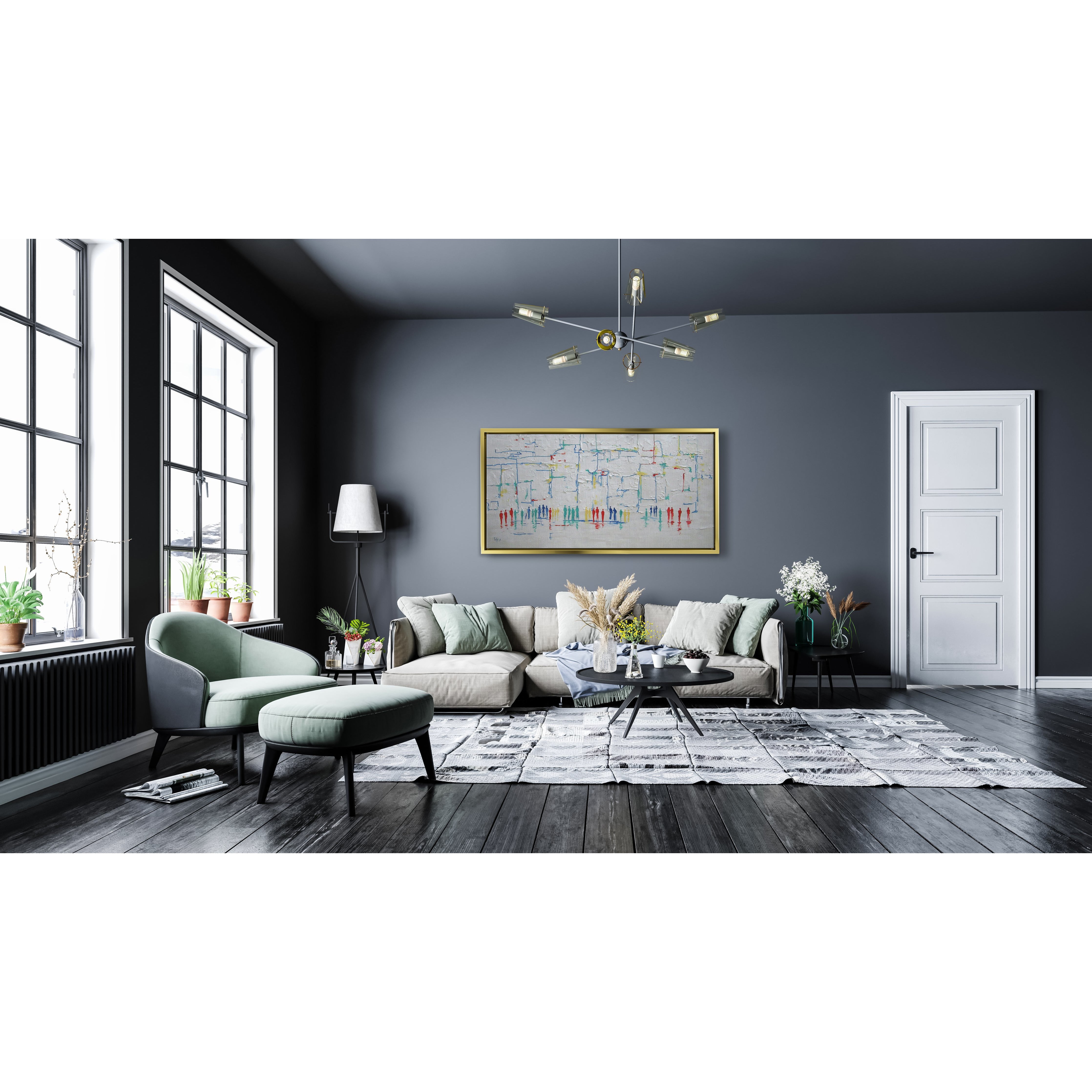 Colorful Abstract Western Wall Art - 51x24 canvas, vibrant Judaica painting displayed in a modern living room setting with furniture and decor elements.