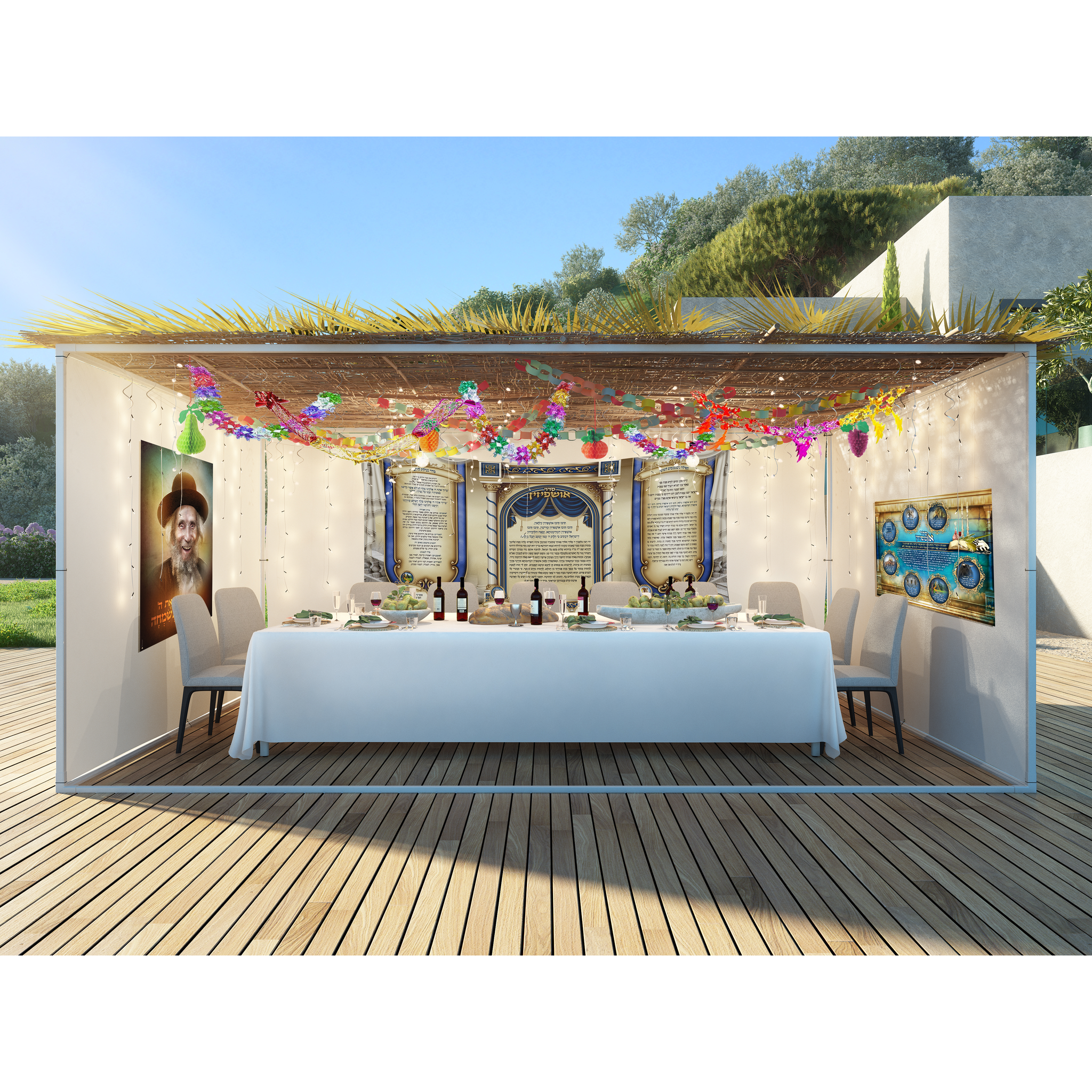 Netilat Lulav & Ushpizin Sukkot Fabric displayed on a deck table, emphasizing spiritual and artistic elements for Sukkot celebration, featuring intricate prayers and elegant design.