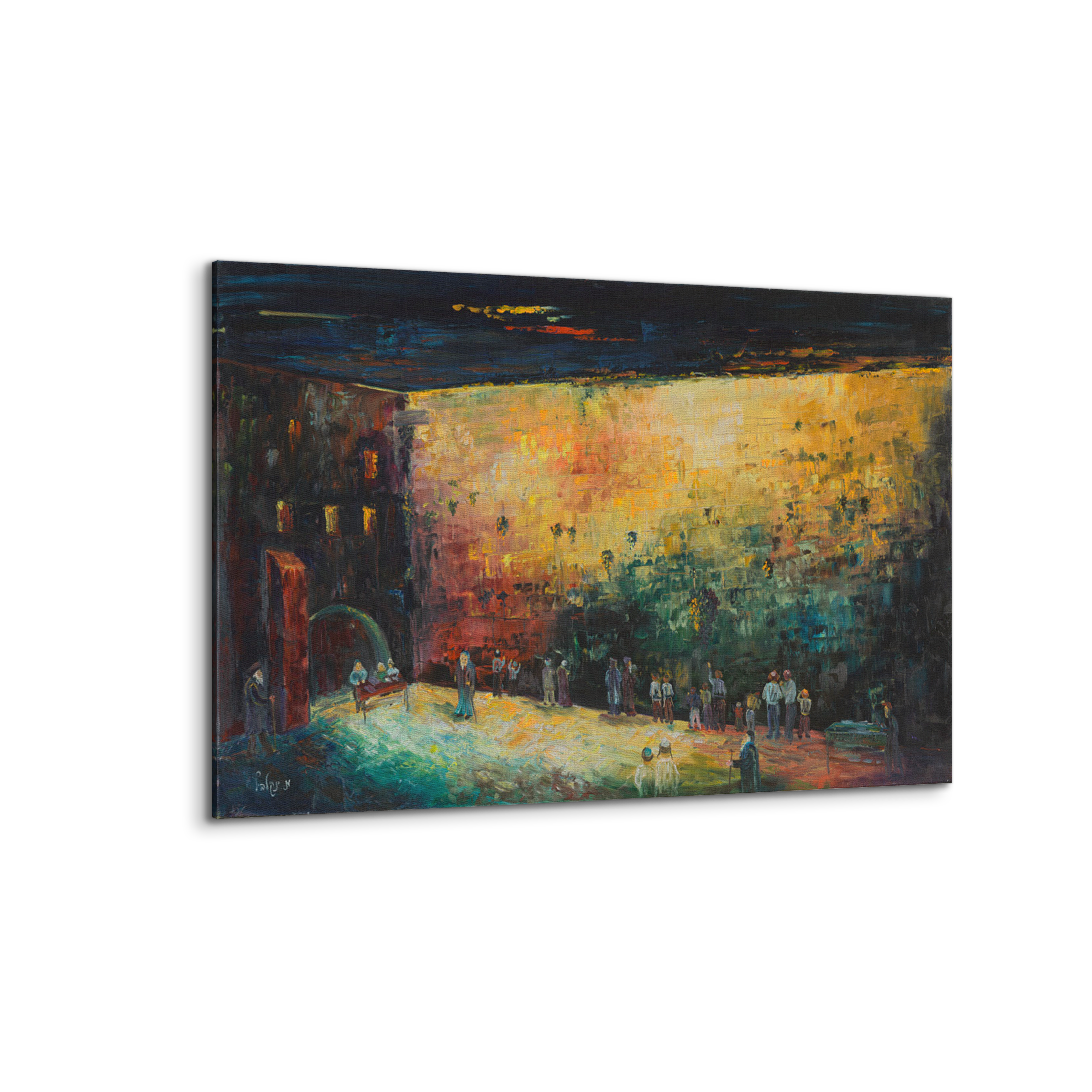 Black & Gold Western Wall Abstract - 51x24 Judaica Art Canvas, featuring a modern depiction of a crowd in a courtyard, highlighting Jewish heritage.