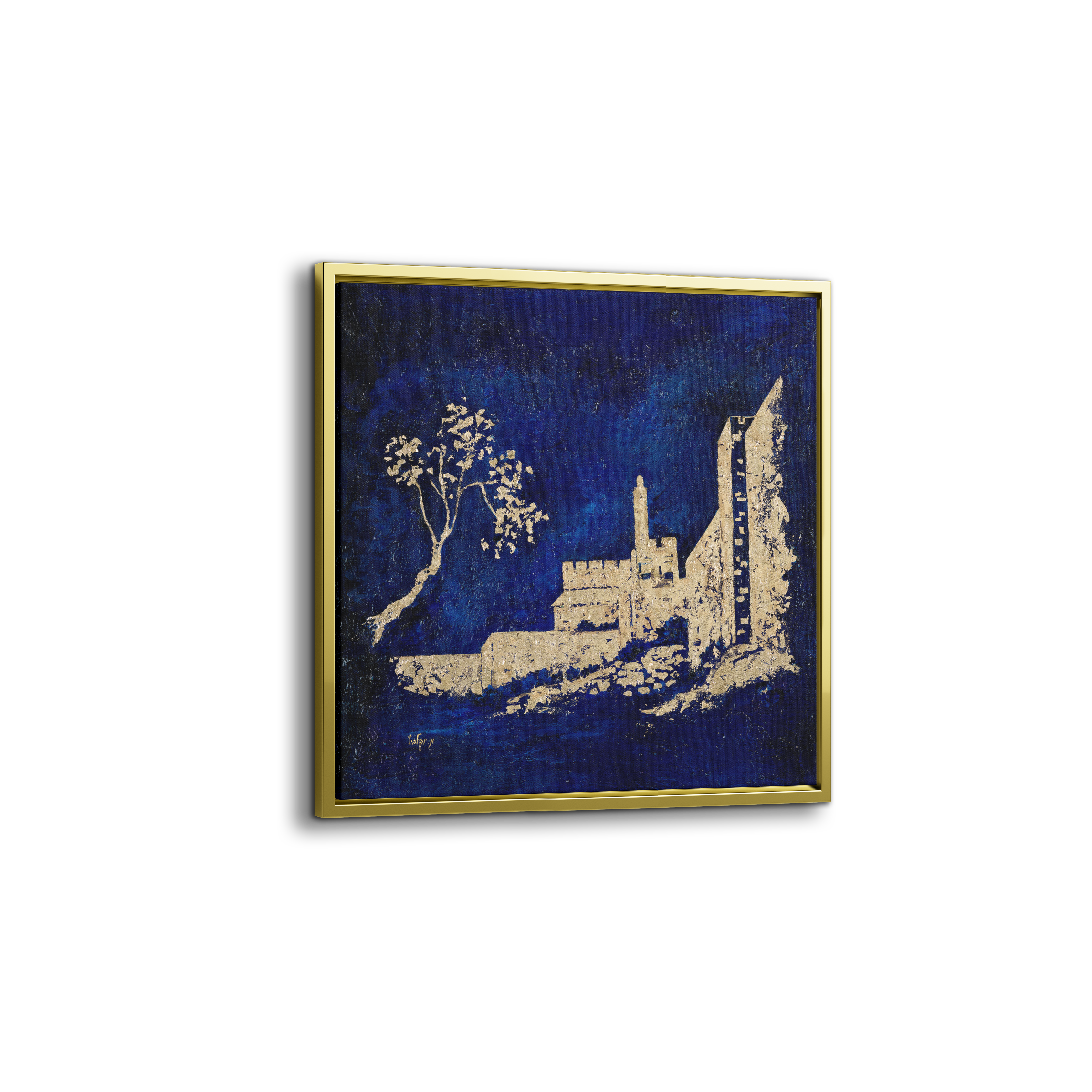 Gold Leaf Tower of David Painting - 28x28, a luxurious depiction of Jerusalem's iconic landmark, highlighting Jewish heritage with gold leaf artistry.