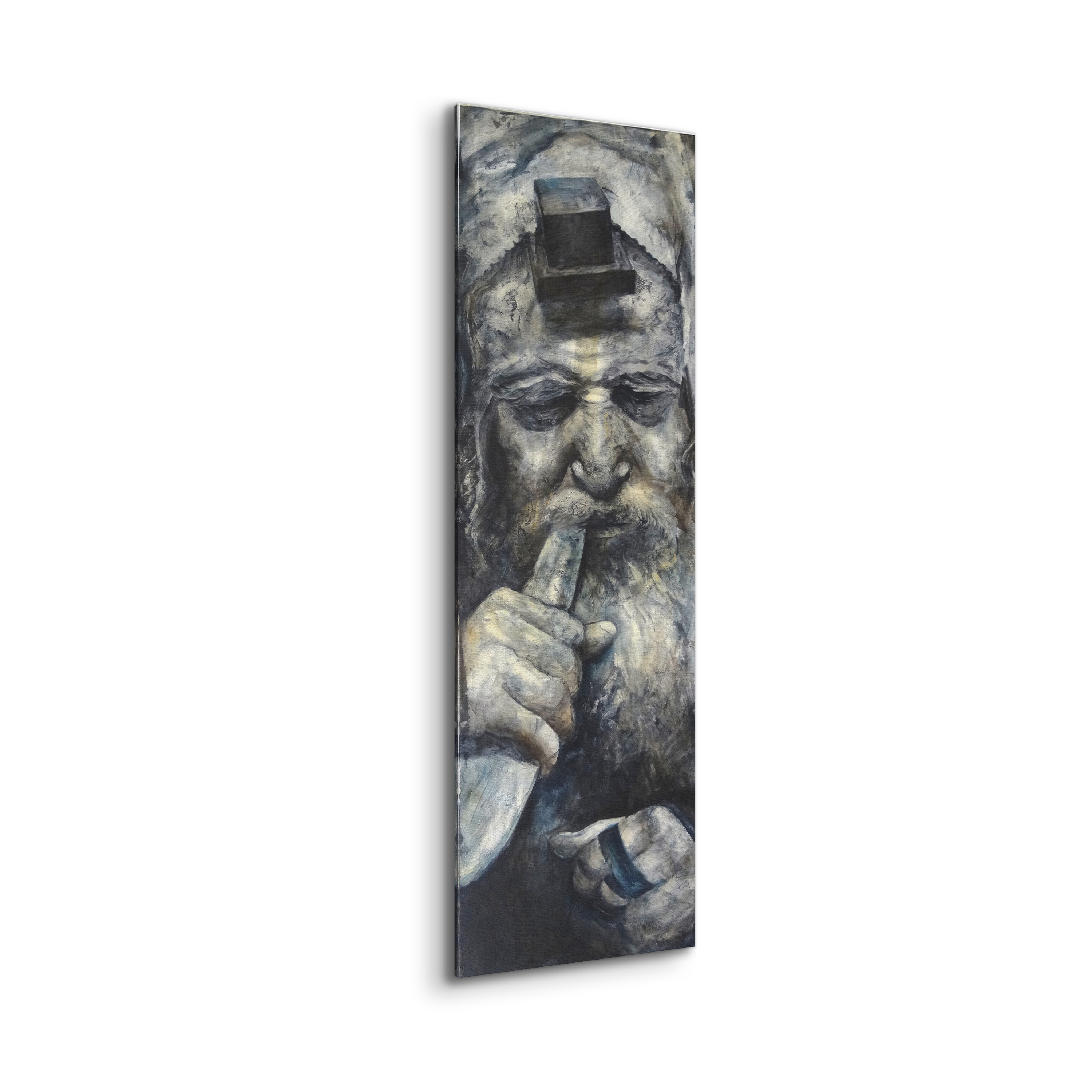 Dramatic Shofar Rabbi - 40x12 Vertical Jewish Art in Black & White, depicting a Rabbi in prayer, blowing the shofar, capturing Jewish spiritual tradition.