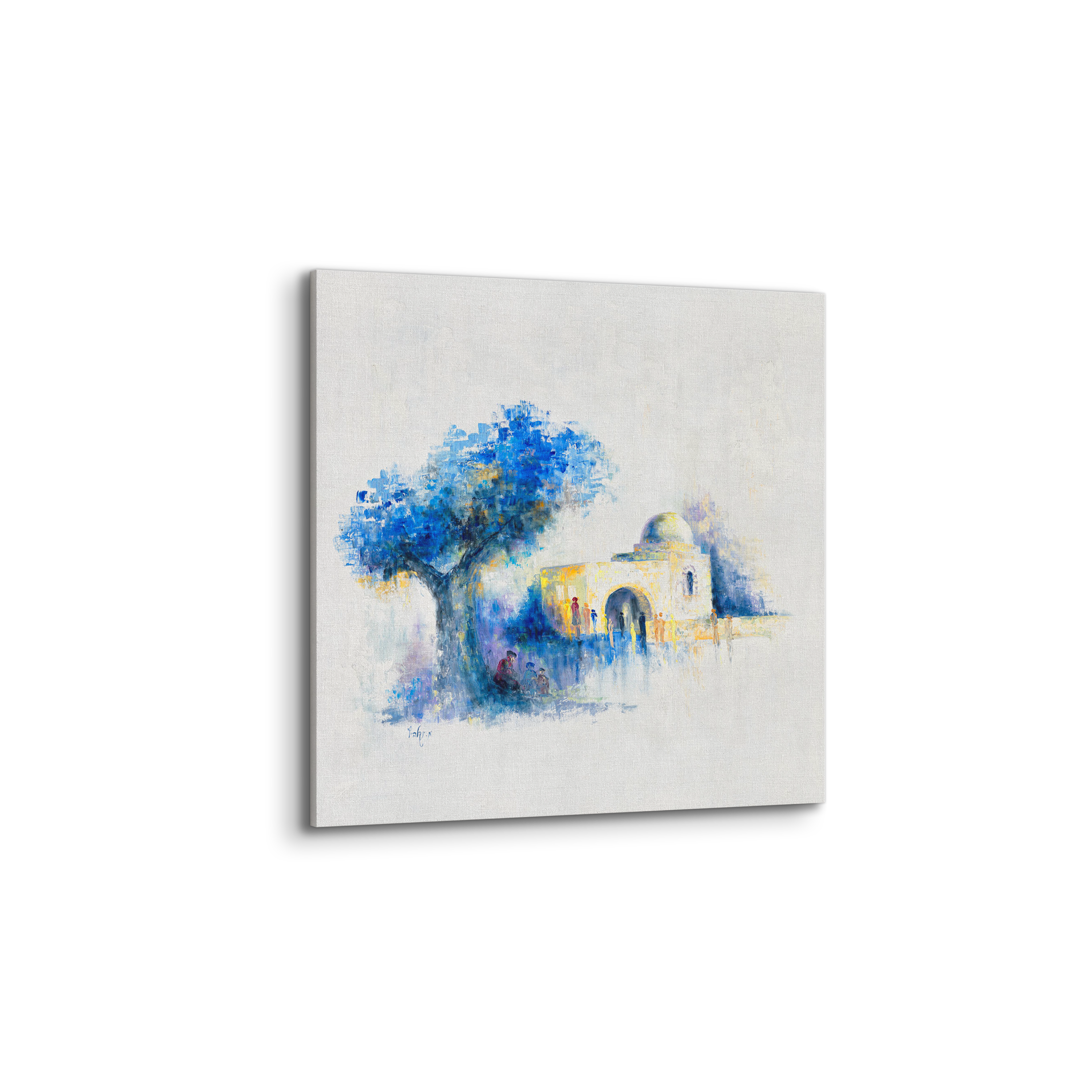 Abstract Rachel's Tomb Art - 35x35 painting, depicting a building and tree, in blues and whites, embodying serene Judaica decor from Ben Ari Art Gallery.