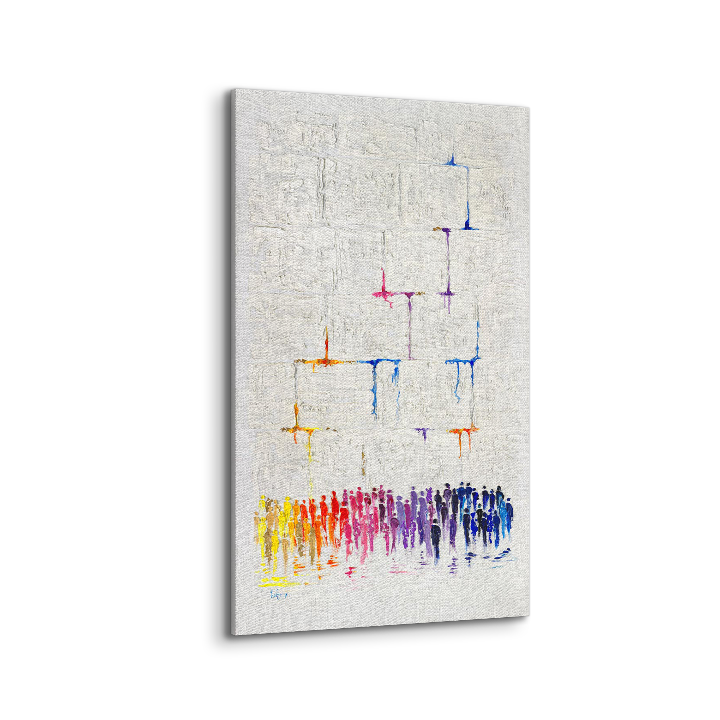 47x28 Abstract Western Wall Art depicting vibrant figures in prayer, set against a white backdrop, embodying modern Jewish decor.