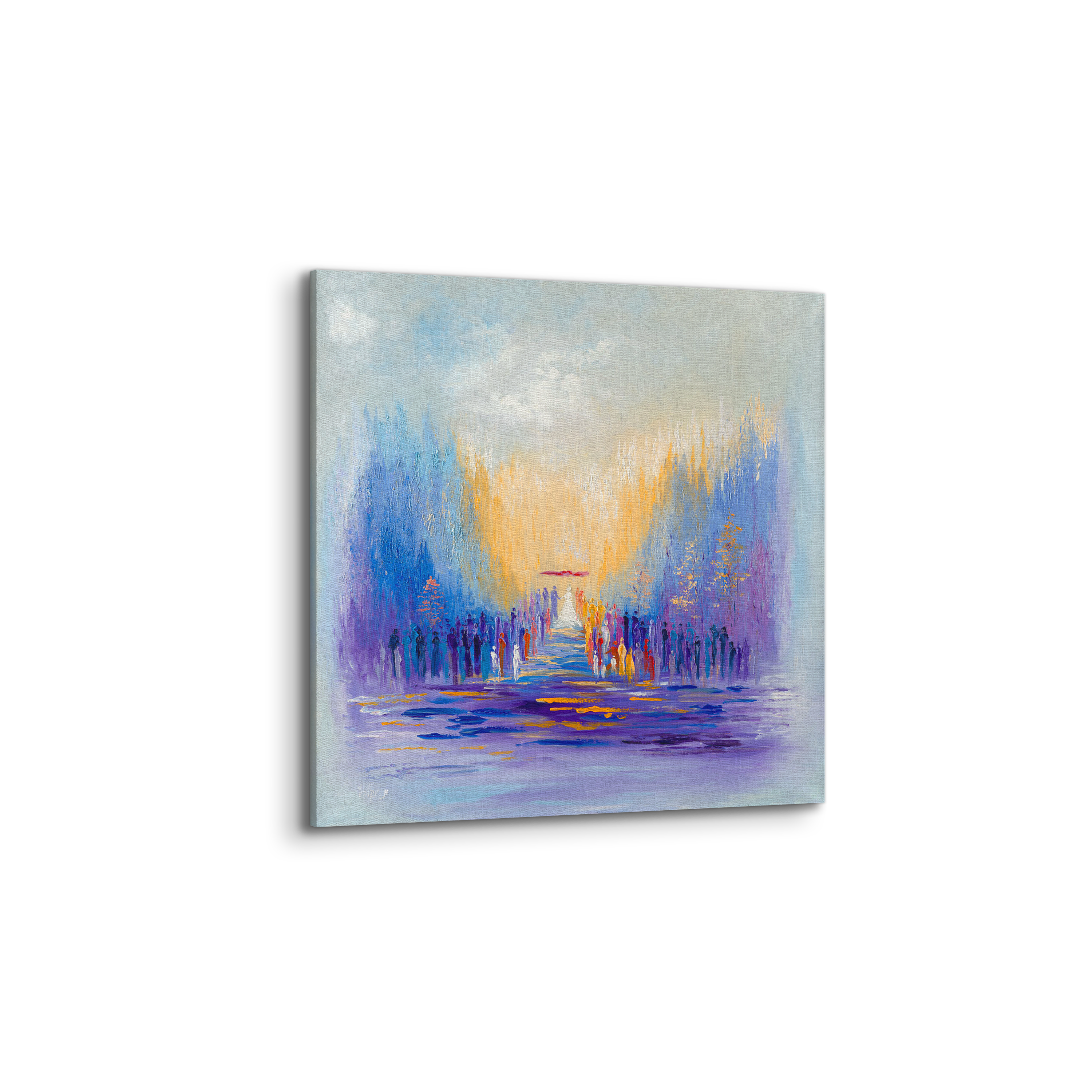 Colorful Jewish Chuppa Ceremony Painting - 35x35, depicting a vibrant, modern Jewish wedding scene, embodying joy and tradition in contemporary Judaica art.