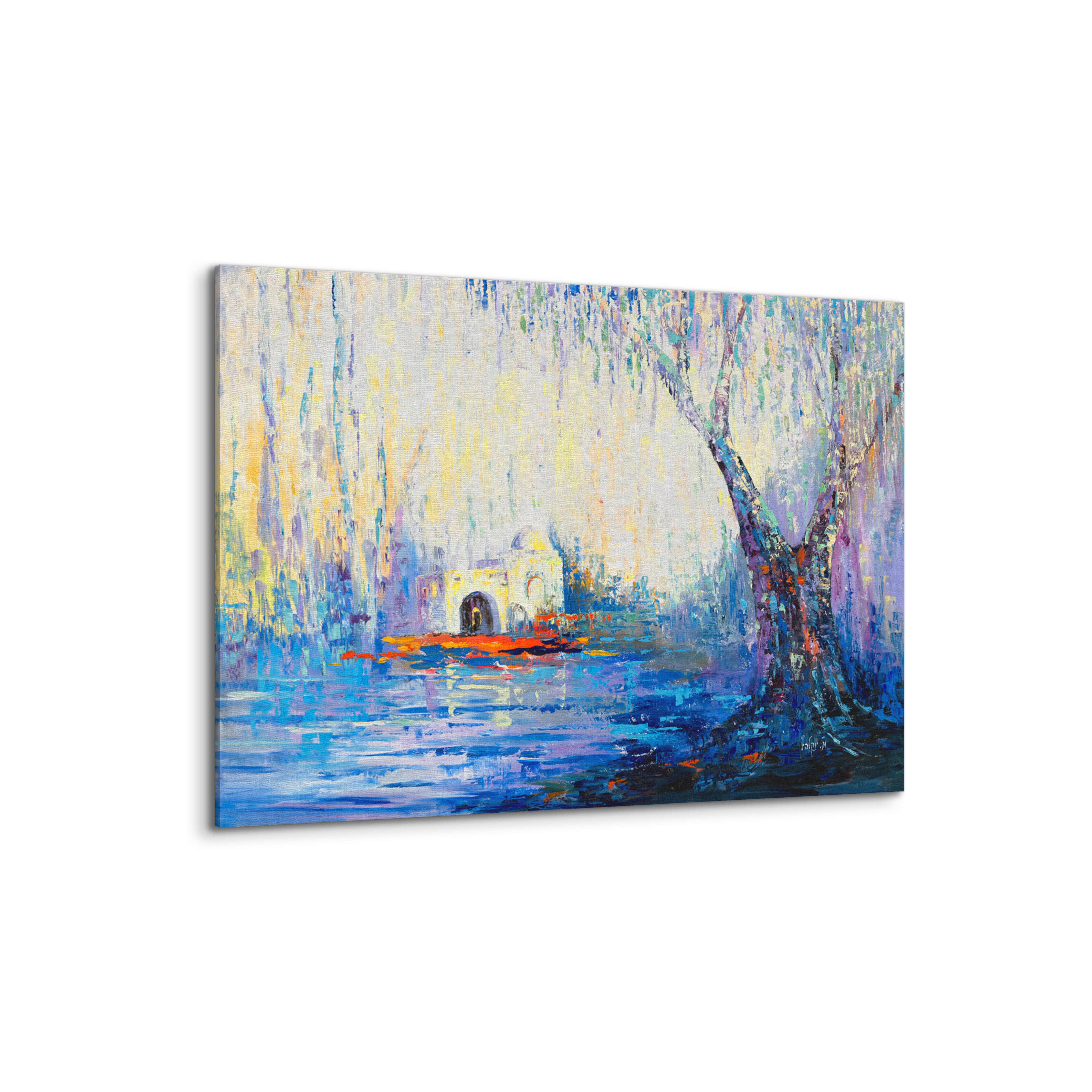 Rachel's Tomb Abstract - 40x28 Blue & White Modern Judaica painting, depicting a serene interpretation of a tree and house, ideal for contemporary Jewish art collections.