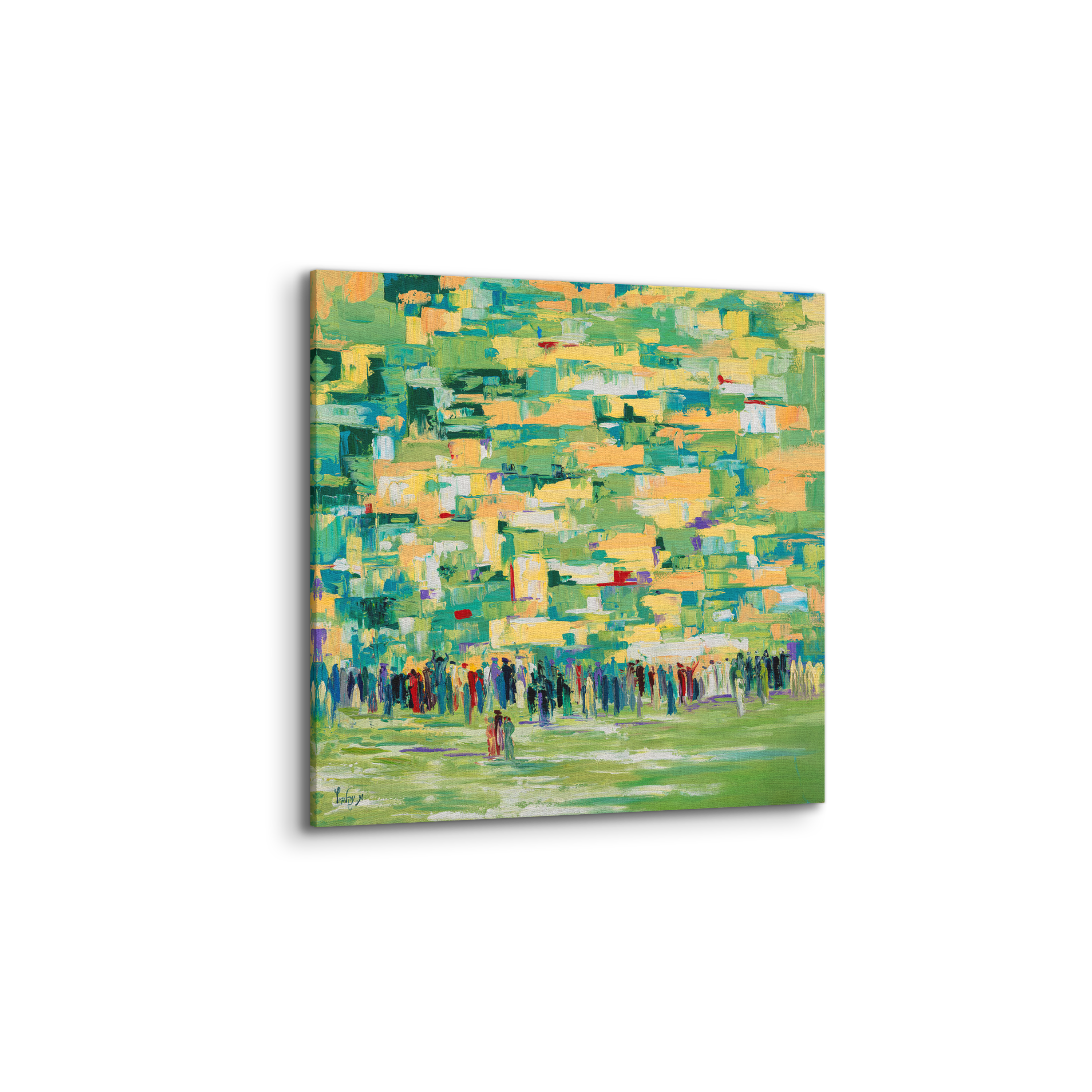 Green Tones Western Wall Abstract - 35x35 Modern Judaica Canvas: A vibrant painting depicting an abstract interpretation of the Western Wall, enhancing Jewish home decor with spiritual renewal.