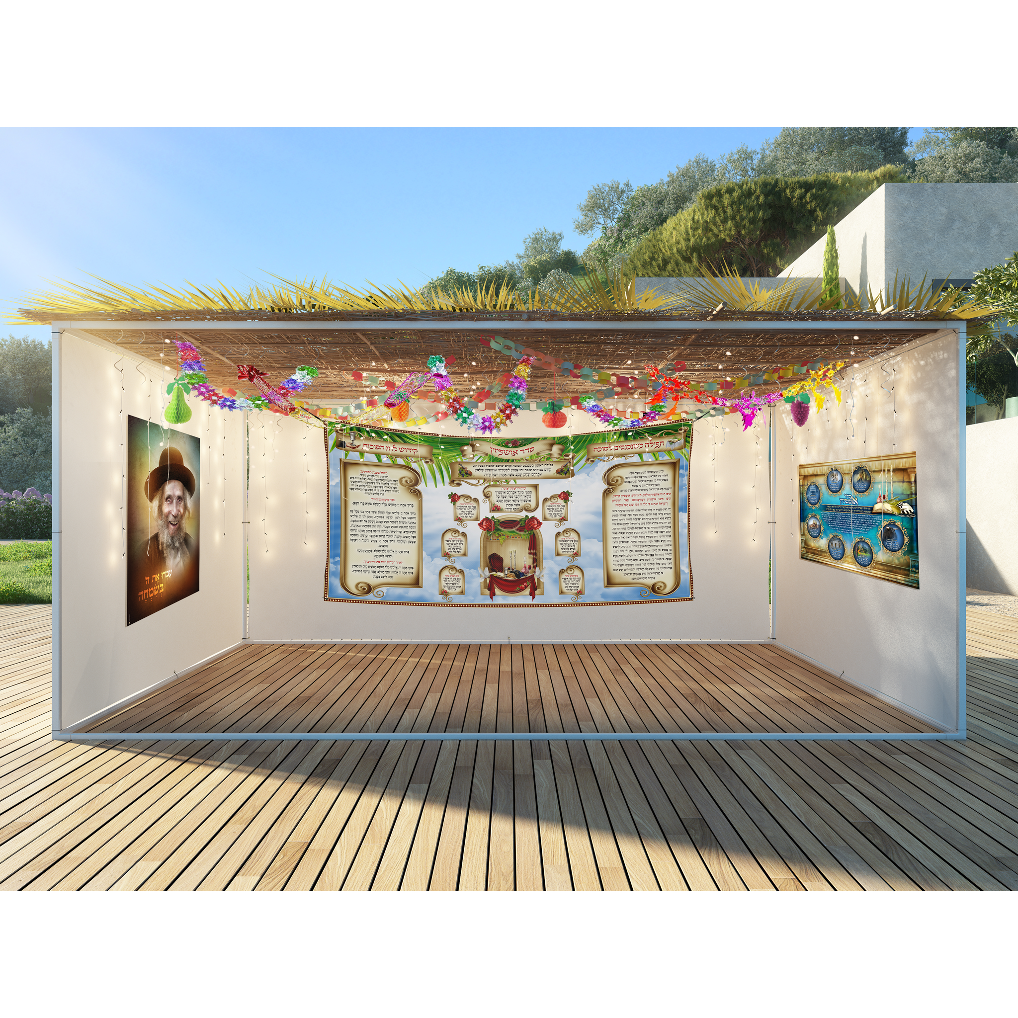 Elegant Sukkot fabric with framed prayers, featuring blue sky and red roses design, displayed in an artistic setting with decorative elements.