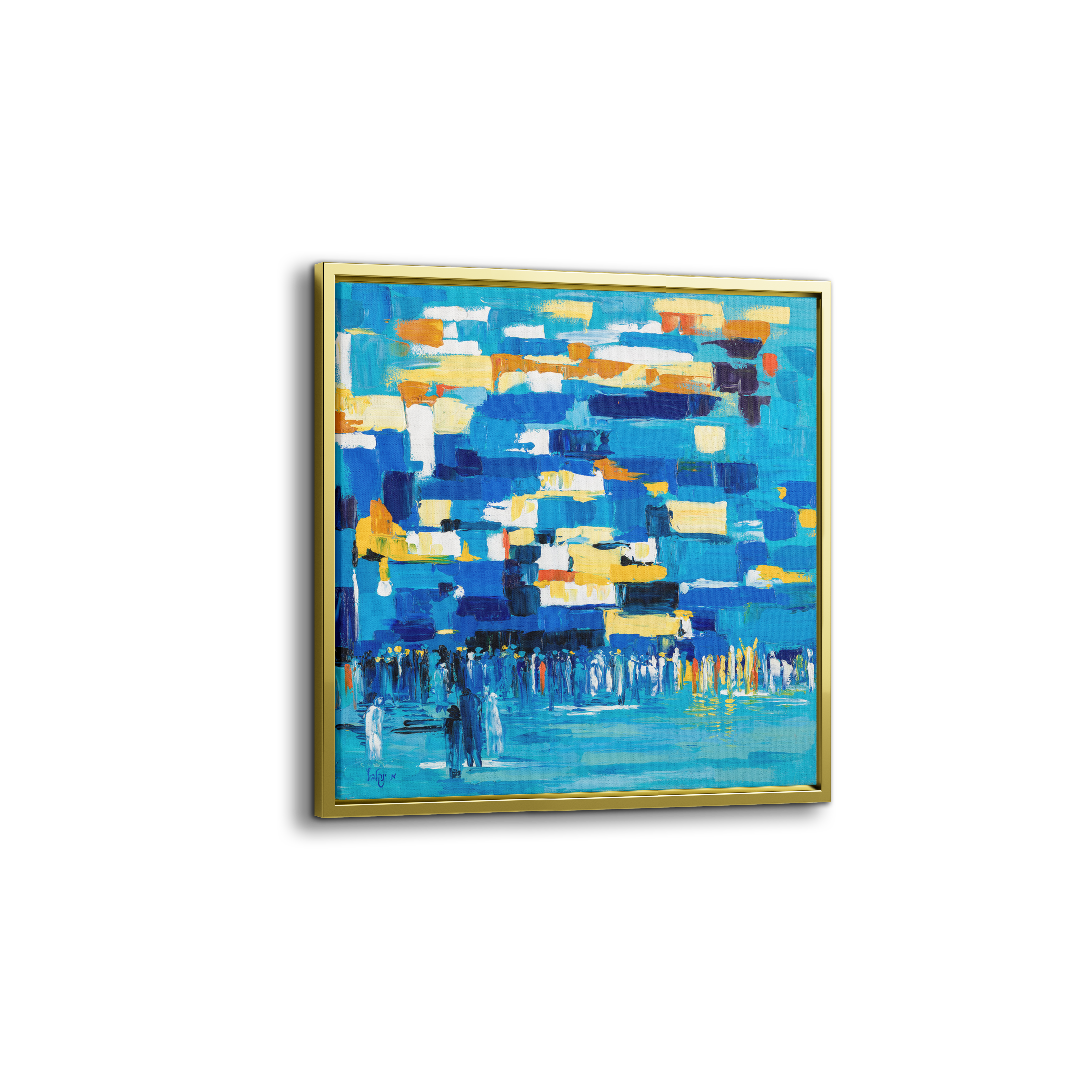 Blue Abstract Western Wall Art - 31x31 Judaica Canvas in a gold frame, capturing the spiritual essence of the Kotel with soothing blue tones.