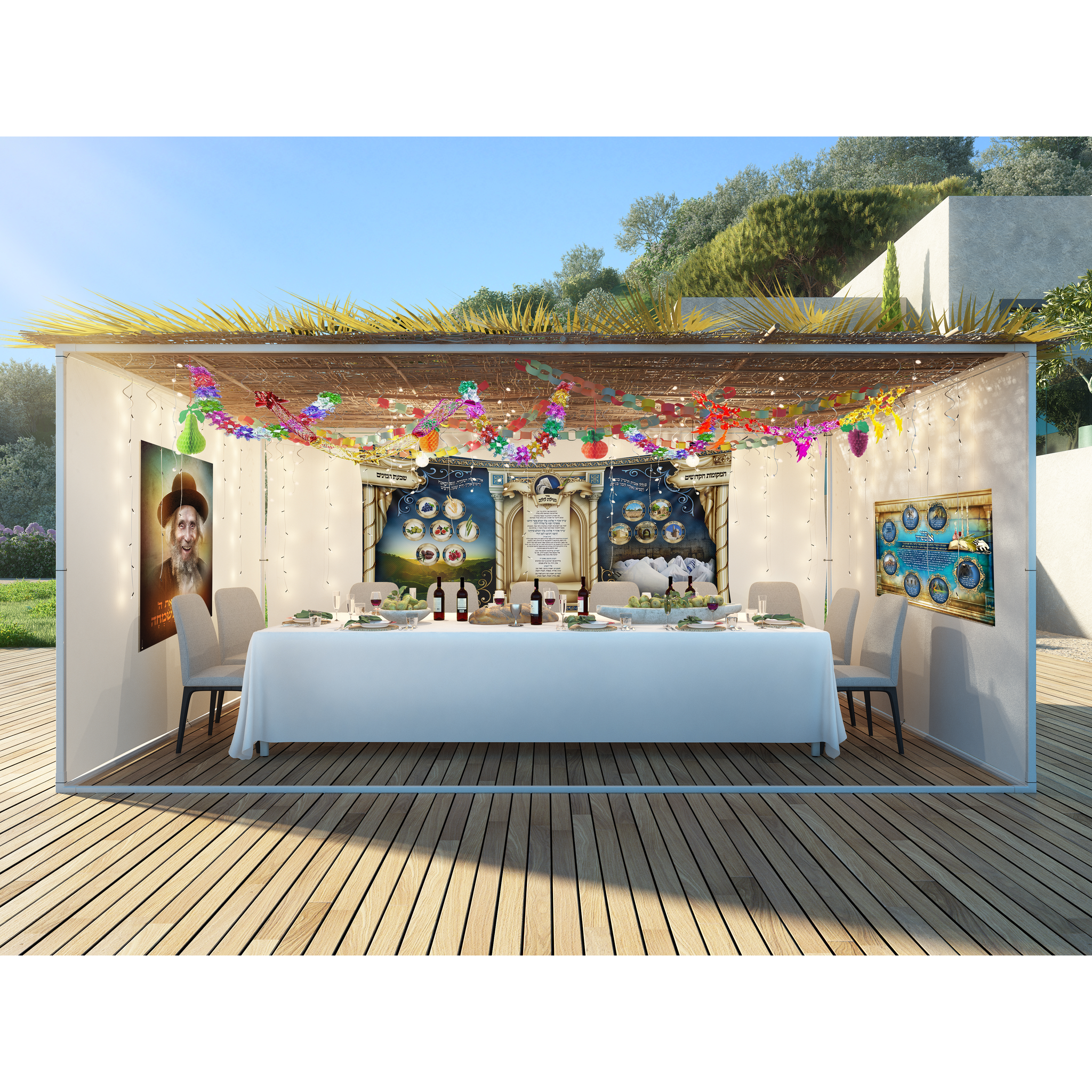 Netilat Lulav Sukkot Fabric showcasing Israel's landscape and holy sites, featuring lush greenery, seven species, and central Seder Netilat Lulav prayer.