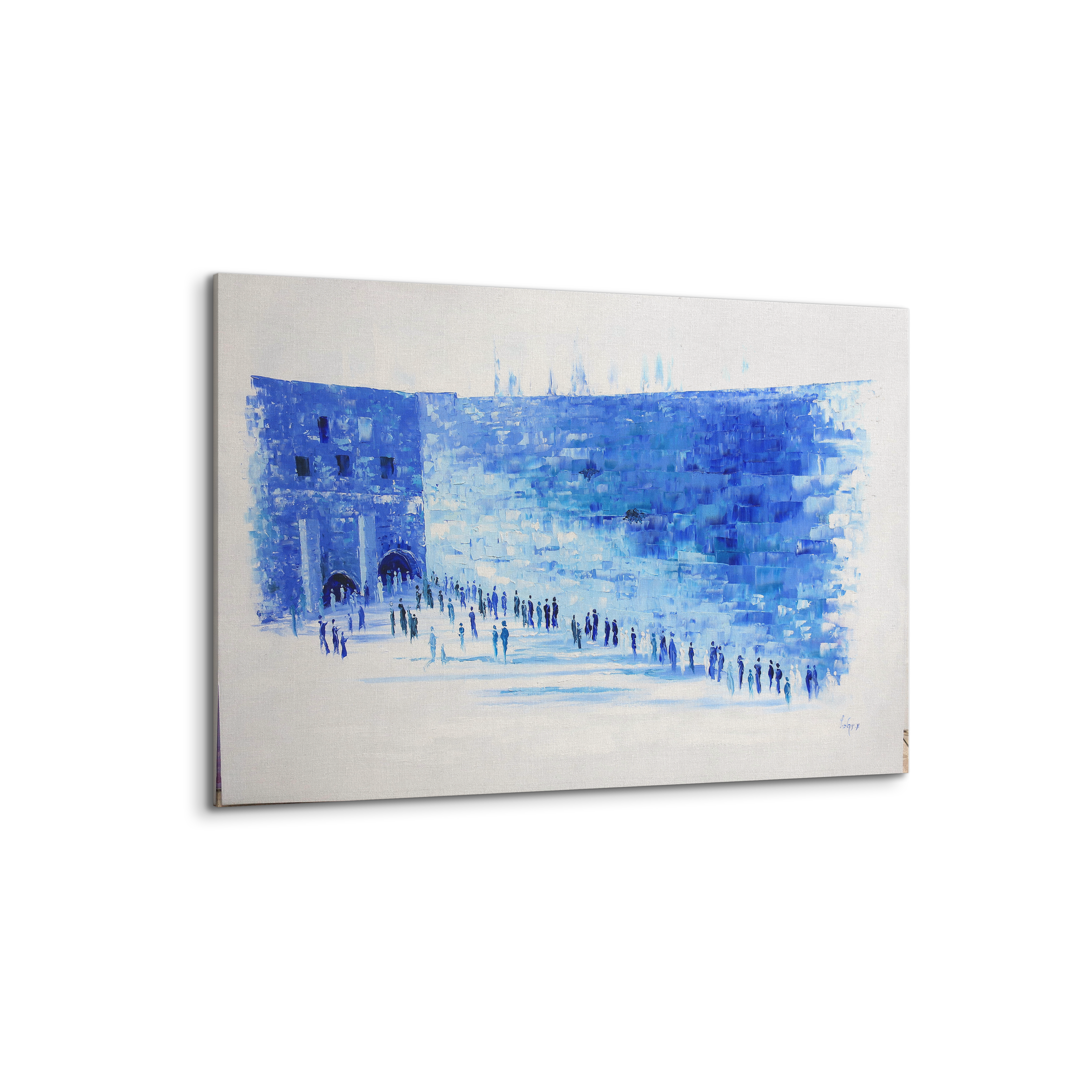 Western Wall in Blue & White - 40x28 Modern Judaica Canvas, depicting abstract figures on a white surface, symbolizing spiritual peace and purity.