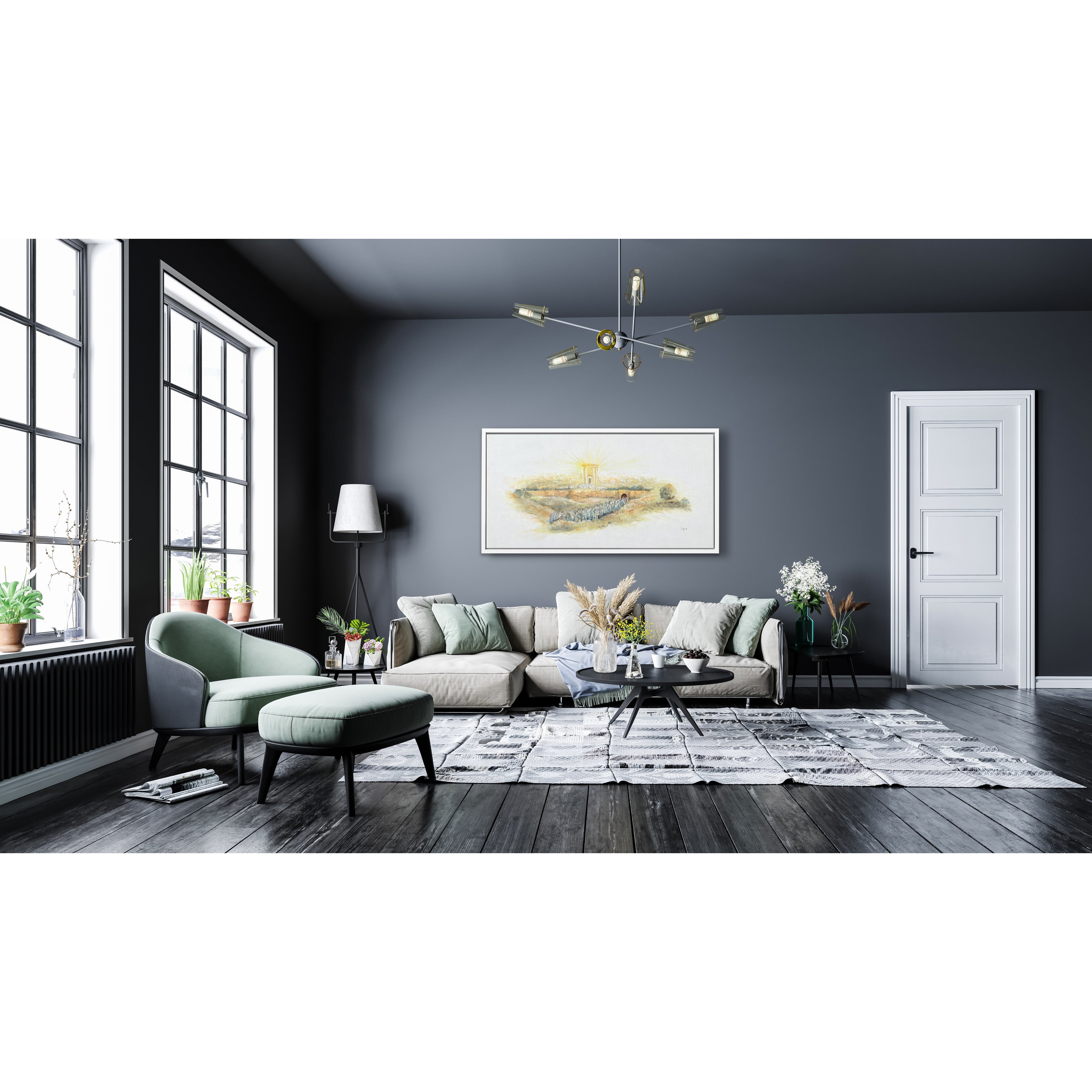 Gold Beit Hamikdash art, 43x28 inches, displayed in a living room setting, highlighting Judaica decor with its luminous gold depiction on a white background.