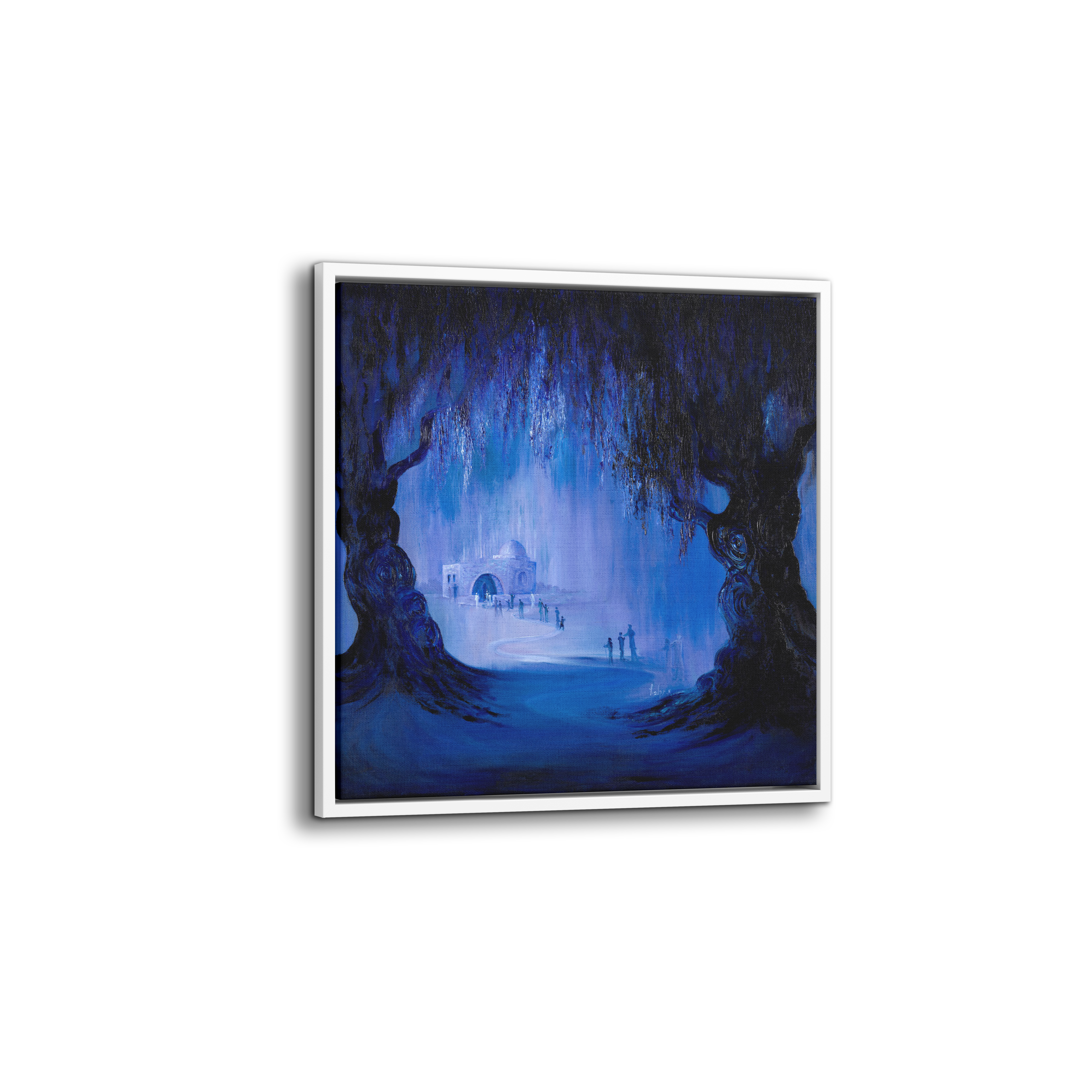 Rachel's Tomb at Night Abstract - 35x35 painting, depicting a mystical forest scene with people, blending Judaica themes and modern art elements.