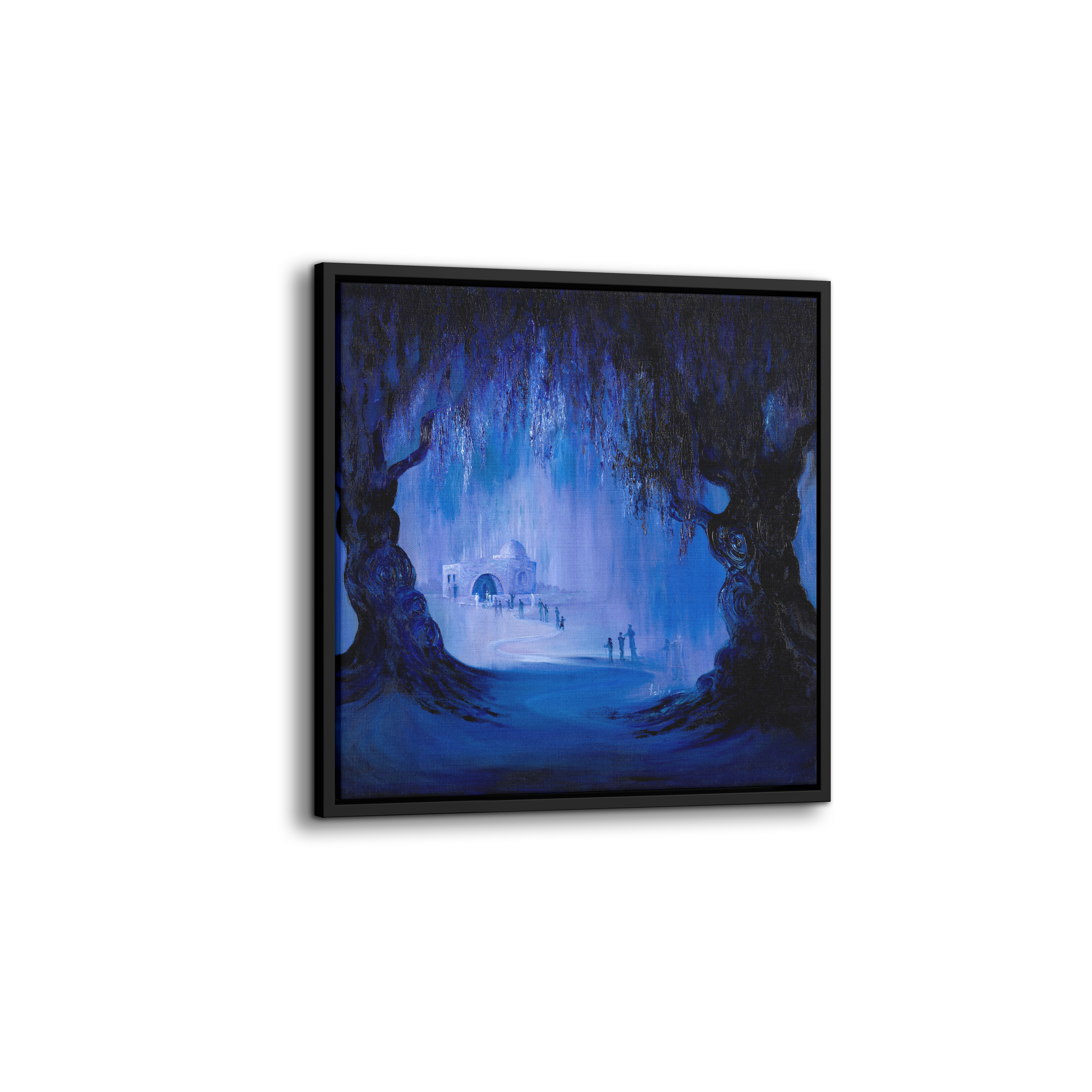 Rachel's Tomb at Night Abstract - 35x35 painting, showcasing an abstract, dark, and glowing portrayal of the sacred site, embodying modern Judaica art.