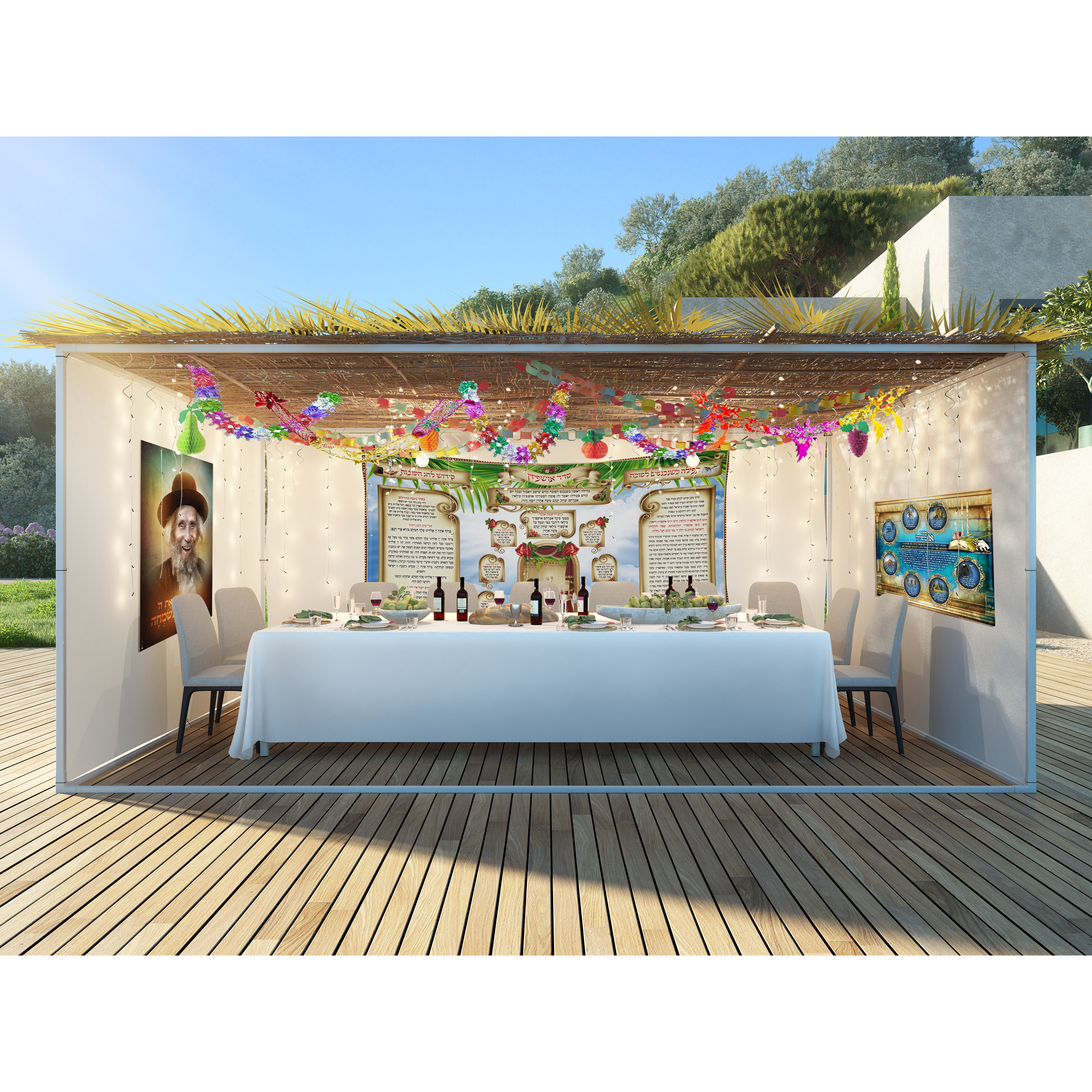 Elegant Sukkot Fabric with Framed Prayers displayed on a table, featuring wine and bread, under a covered outdoor setting.