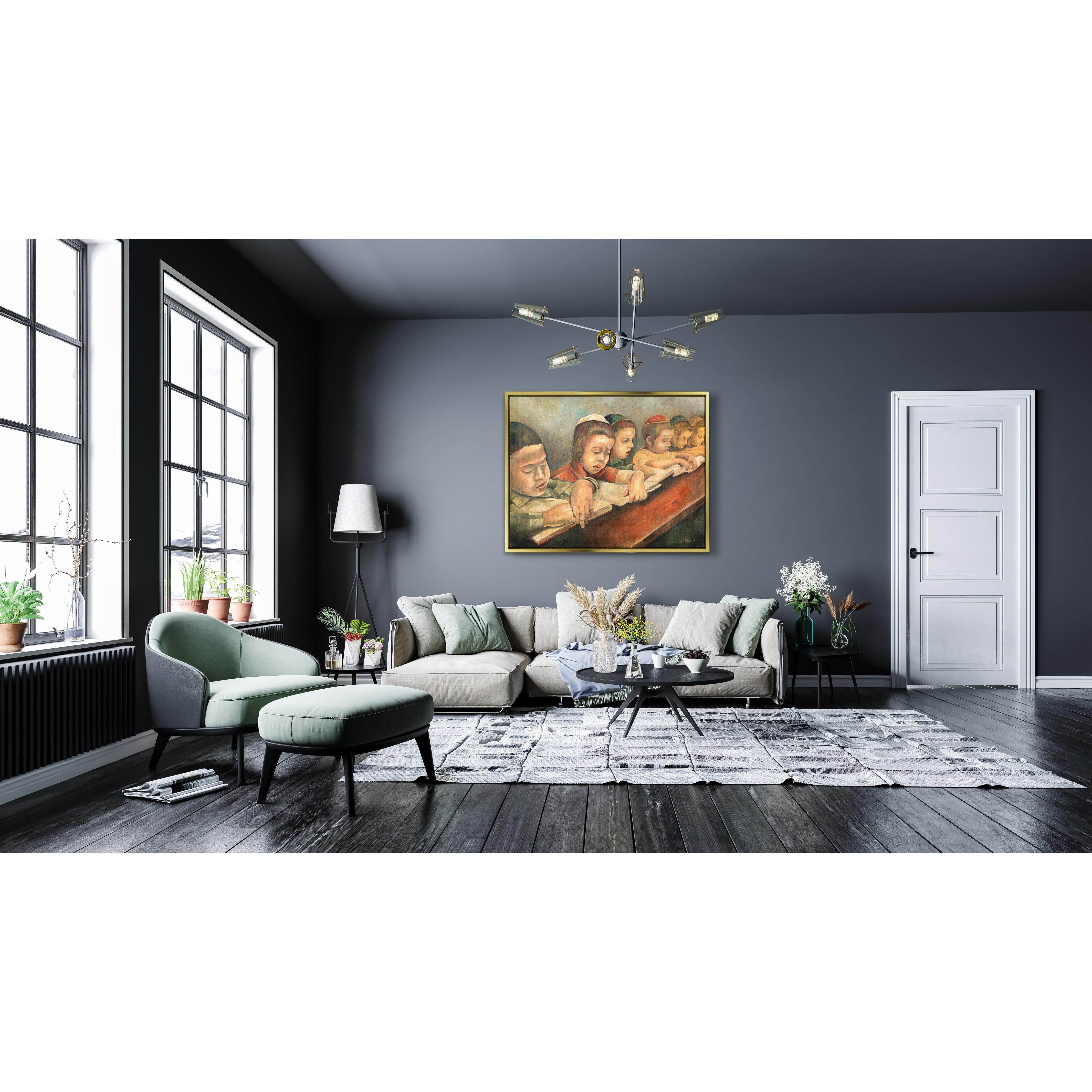 Jewish Children Learning Torah Painting - 28x28 depicts Jewish children studying, embodying Jewish educational values, ideal for Judaica art collections and home decor.