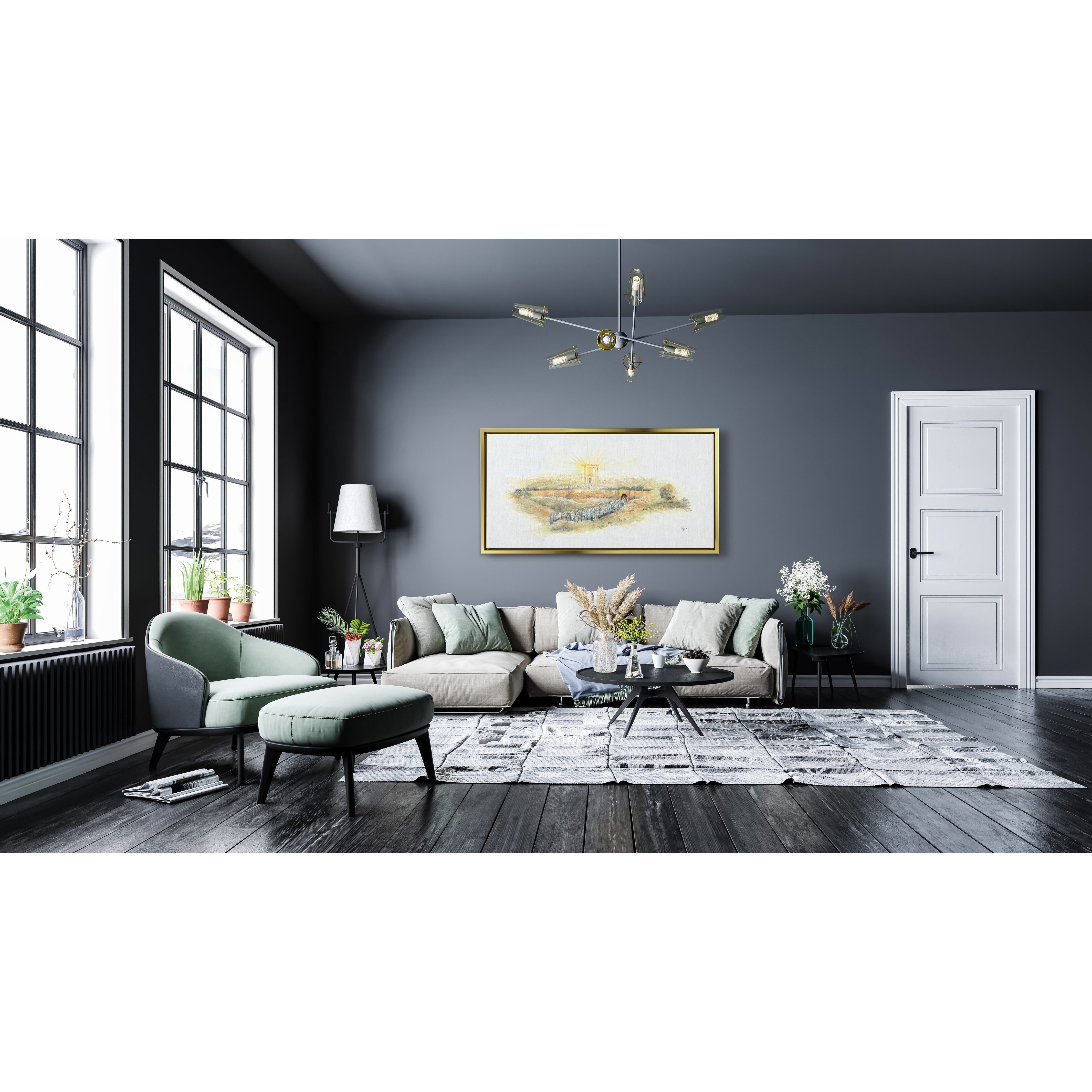 Gold Beit Hamikdash Art painting, 43x28, featuring luminous gold temple on white background, ideal for Jewish wall decor in living spaces.