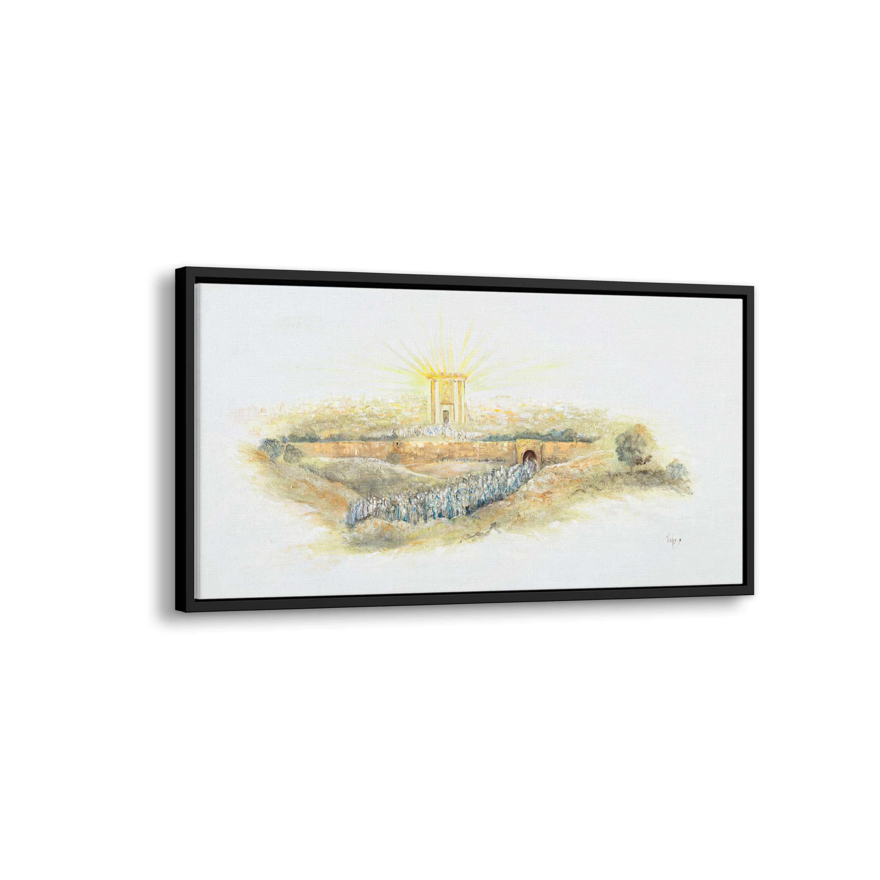 Gold Beit Hamikdash Art - 43x28 features a luminous temple depiction, highlighting Jewish heritage on a striking white background, perfect for Judaica enthusiasts.
