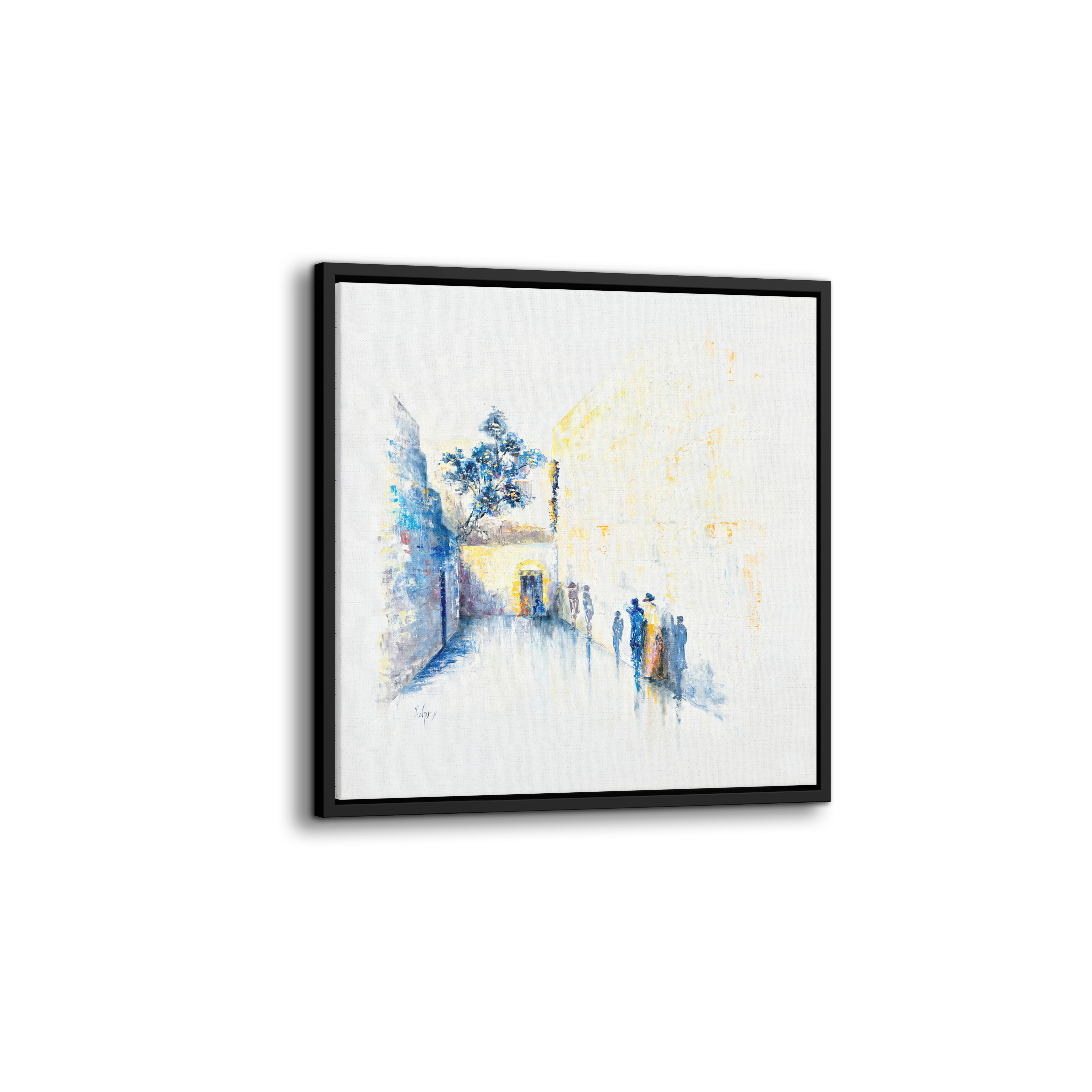 Blue & White Abstract Western Wall - 35x35 Judaica Art, featuring an abstract painting of people, symbolizing spiritual essence with modern Judaica influence.