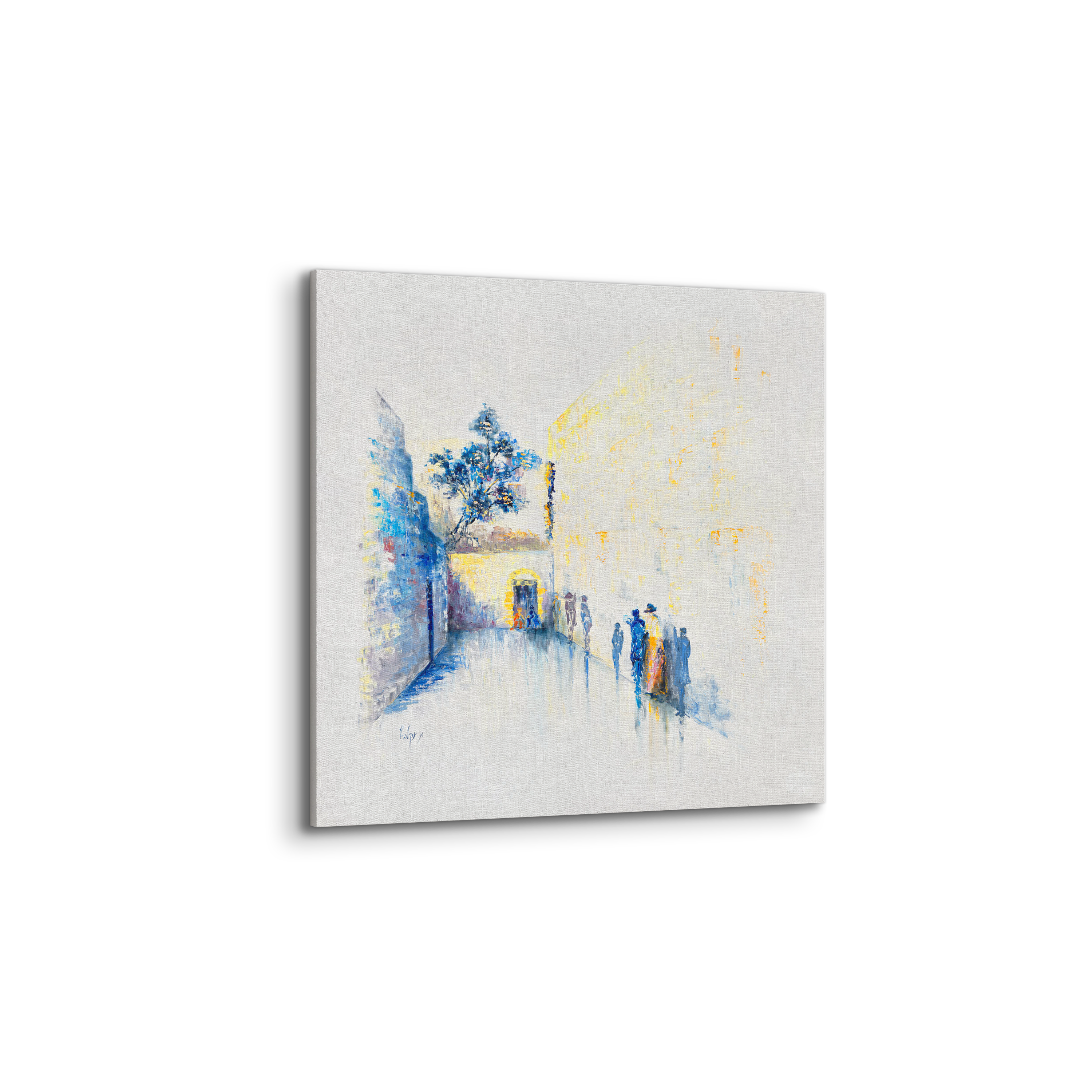 Blue & White Abstract Western Wall - 35x35 Judaica Art; a modern interpretation featuring people walking, reflecting Jewish heritage in calming tones.