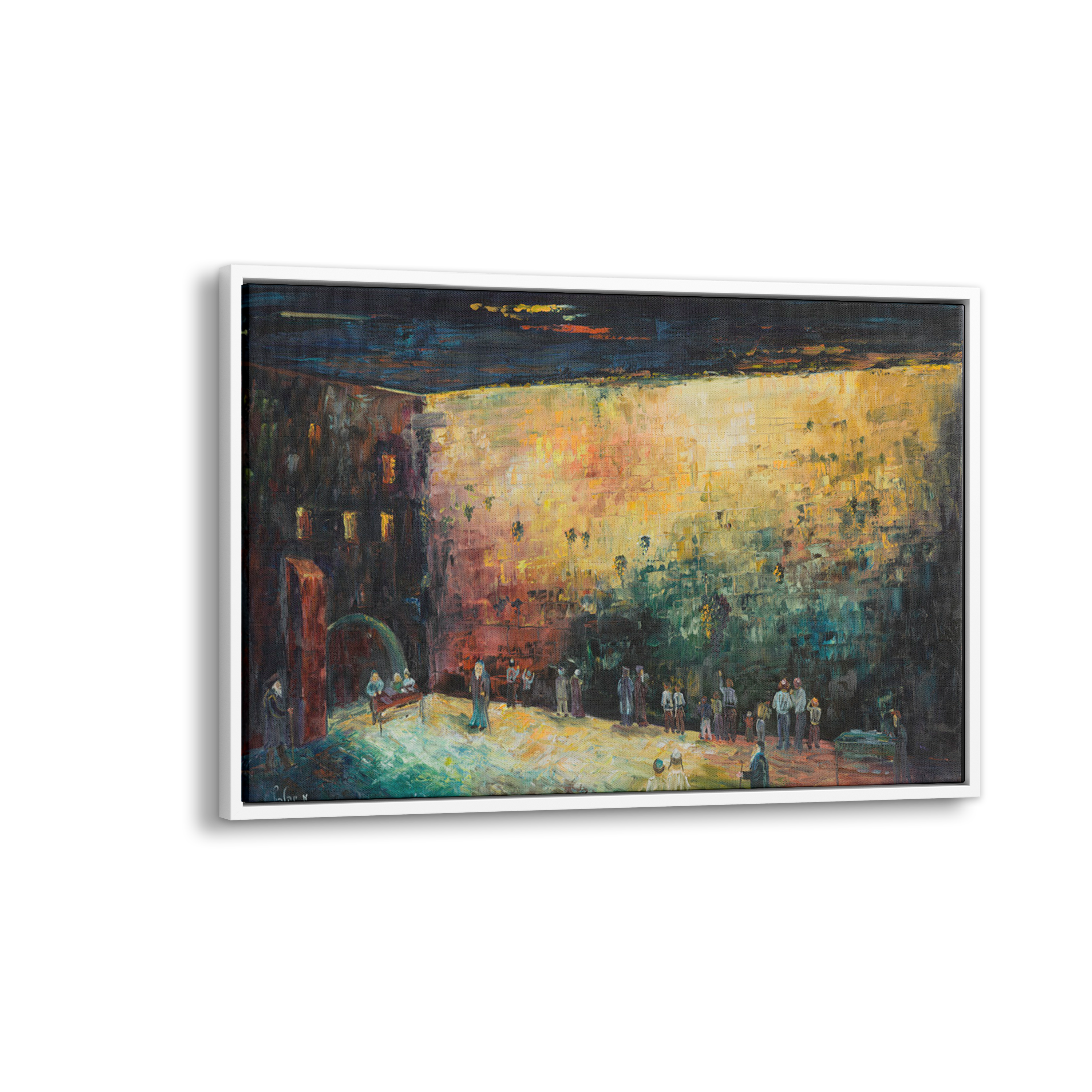 Black & Gold Western Wall Abstract - 51x24 Judaica Art Canvas, featuring a modern depiction of people near a wall, highlighting Jewish spirituality in contemporary art.