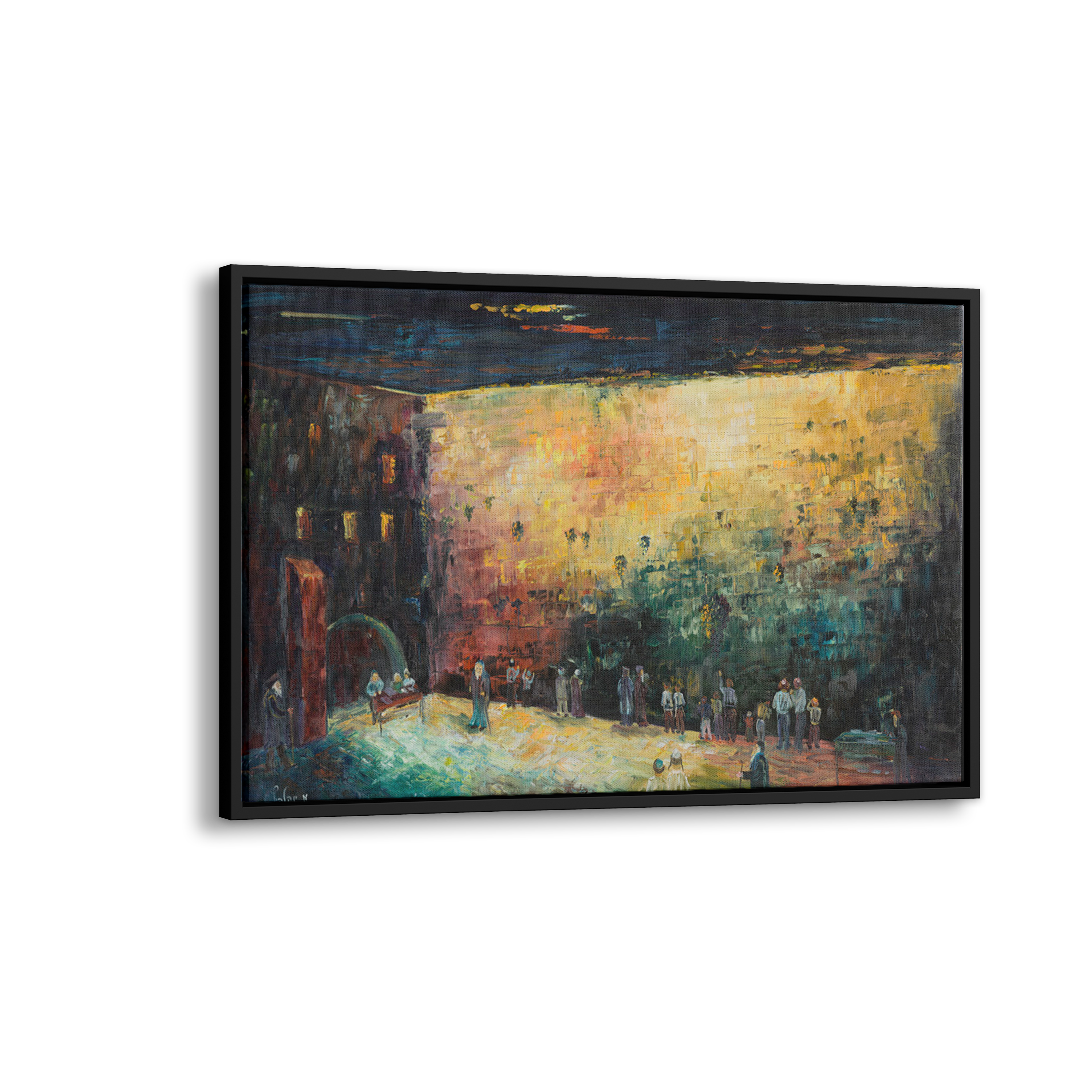 Black & Gold Western Wall Abstract - 51x24 Judaica Art Canvas, depicting an abstract crowd in front of the Western Wall, blending tradition with modern artistry.