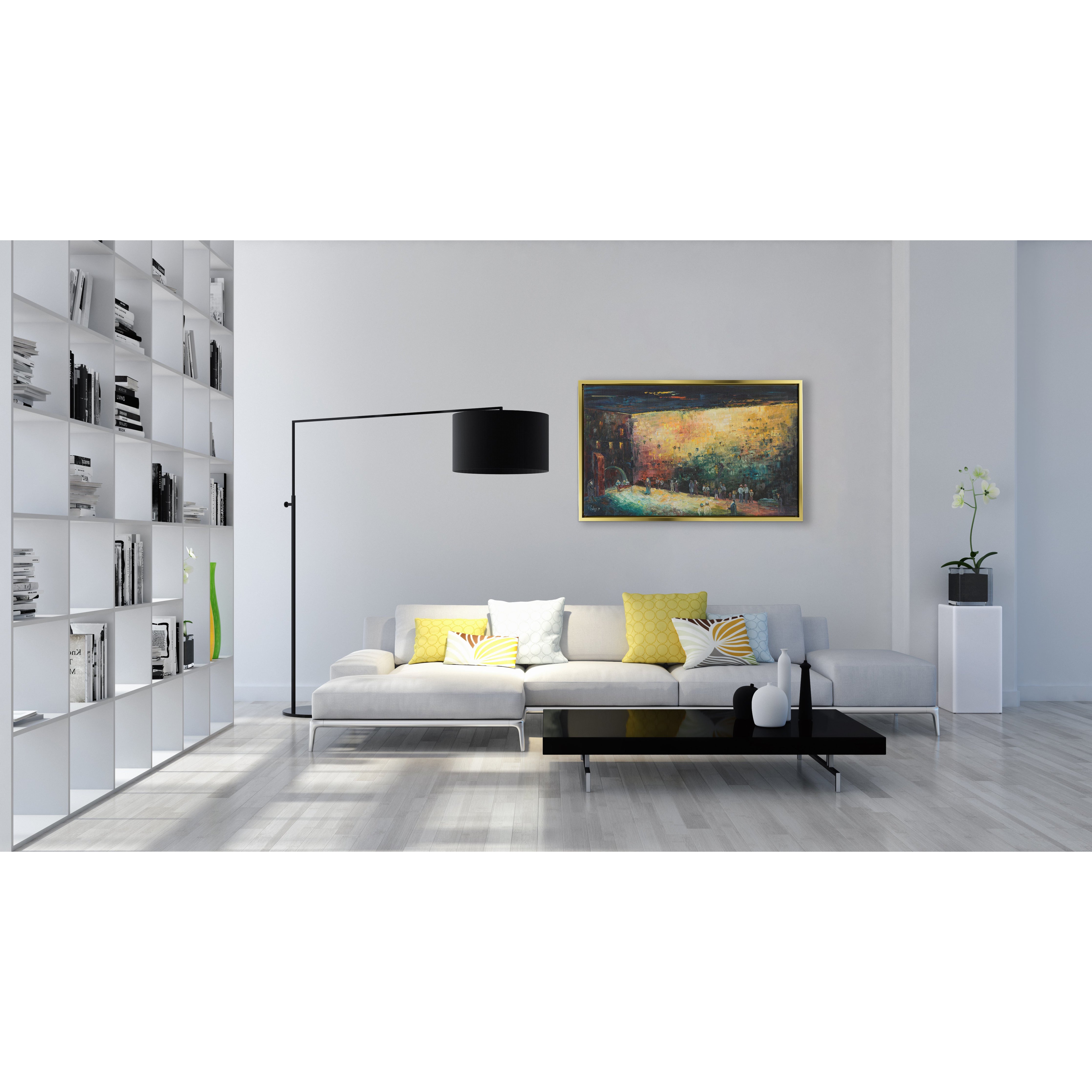 Black & Gold Western Wall Abstract - 51x24 Judaica Art Canvas displayed in a modern white living room with a couch and black coffee table.