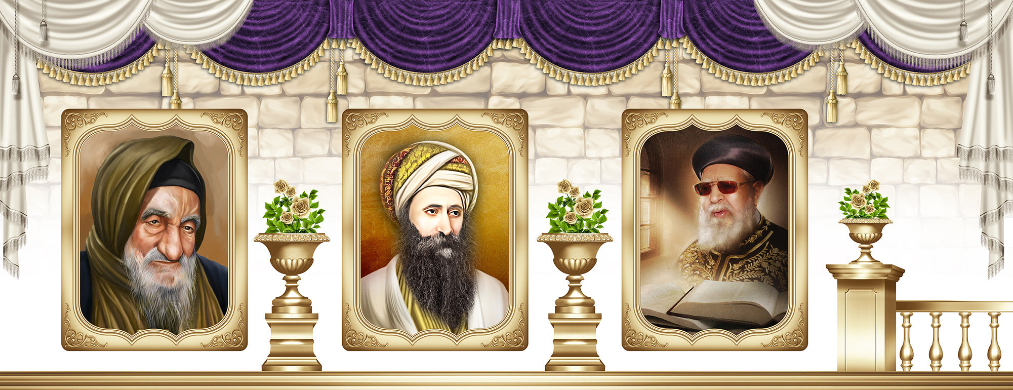 Custom Full Sukkah Walls Fabric featuring portraits and floral art, offering personalization options for Sukkot celebrations, crafted for easy installation and durability.