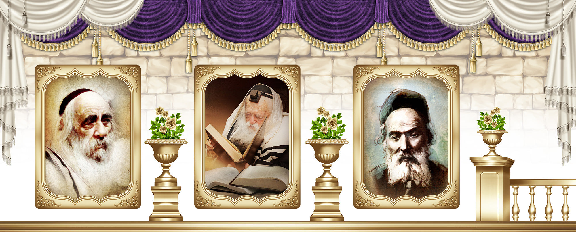 Custom Full Sukkah Walls Fabric featuring gold-framed portraits, ideal for personalizing Sukkot decorations with Rabbi images and sacred art.