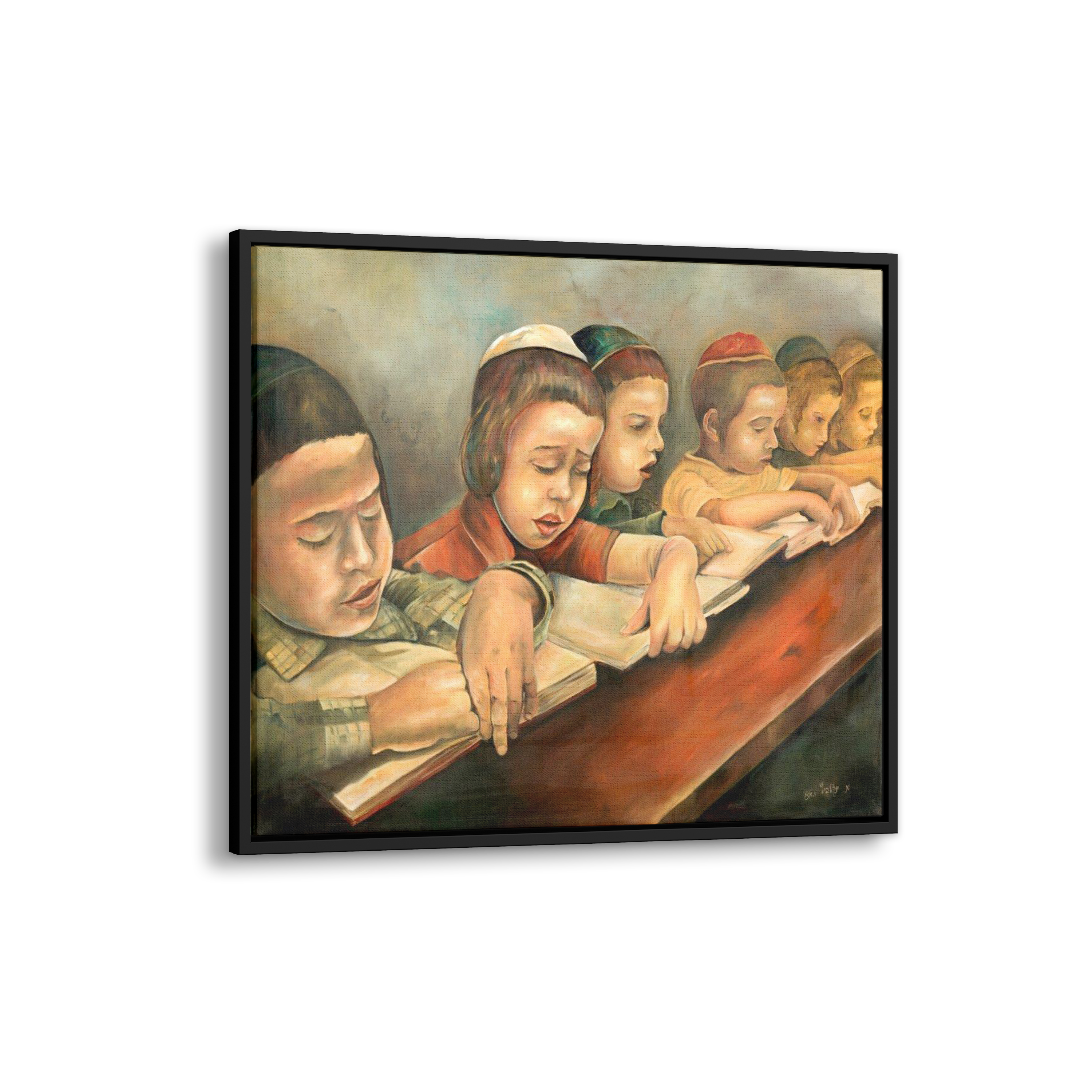 Jewish Children Learning Torah Painting, 28x28, depicts Jewish children studying, symbolizing religious education. Ideal for Judaica art and home decor.