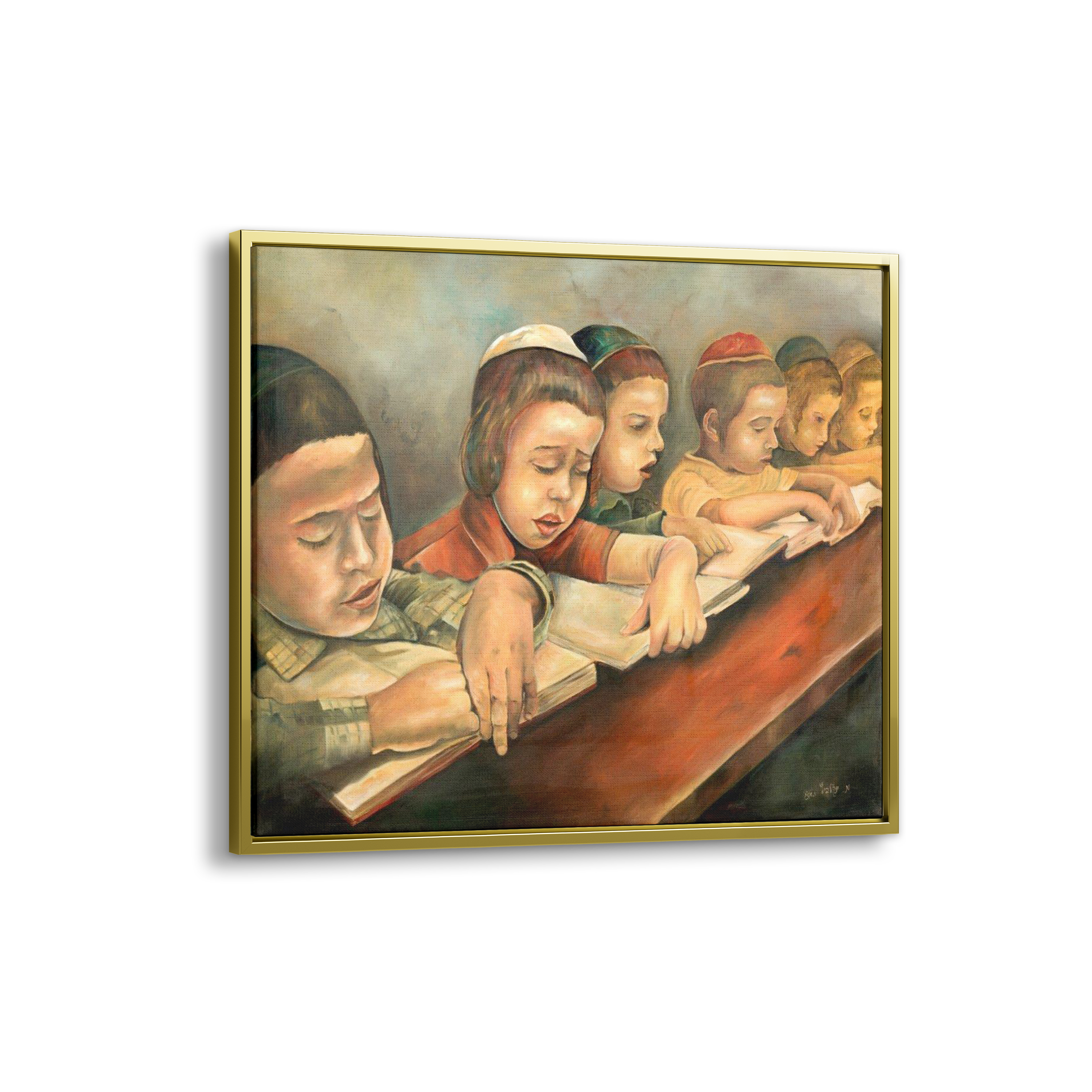 Jewish Children Learning Torah Painting - 28x28, showcasing children absorbed in Torah study, symbolizing Jewish educational values, perfect for Judaica art collections.