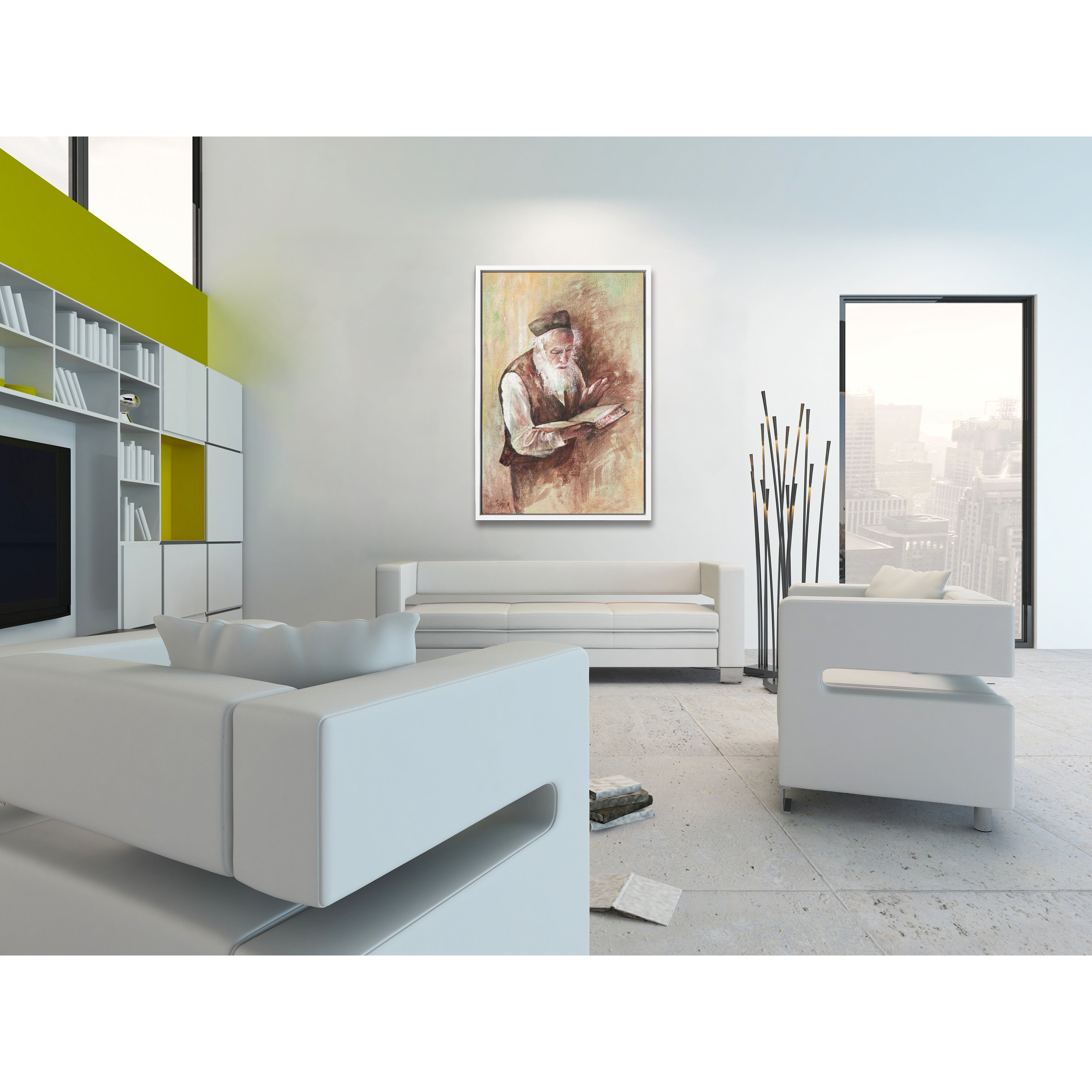 Torah Study Painting - 24x16 depicting a religious man reading, enhancing Jewish home decor with spiritual and educational themes.