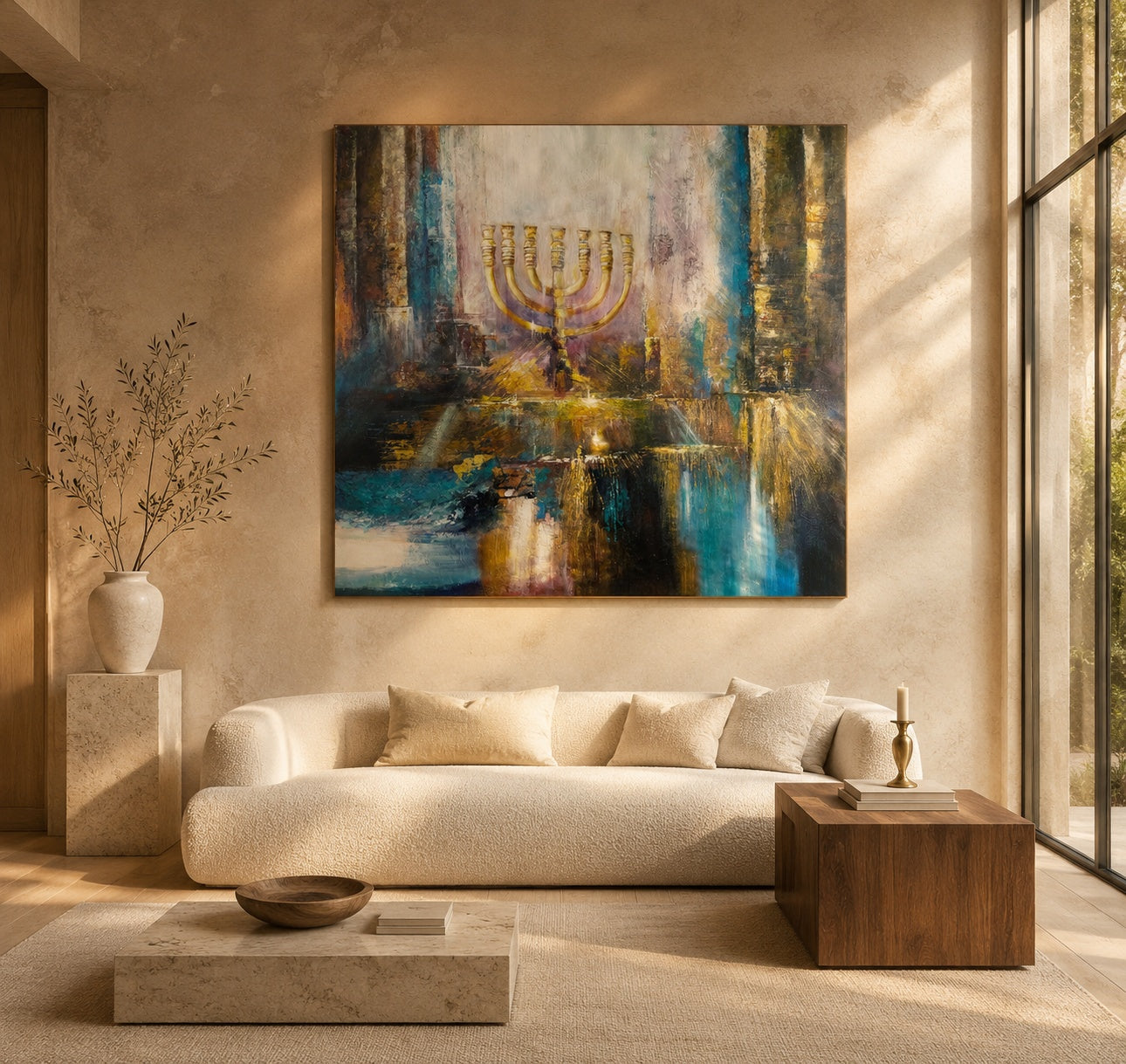 Large abstract painting of a gold menorah in teal and amber tones above a curved white sofa in a warm living room.